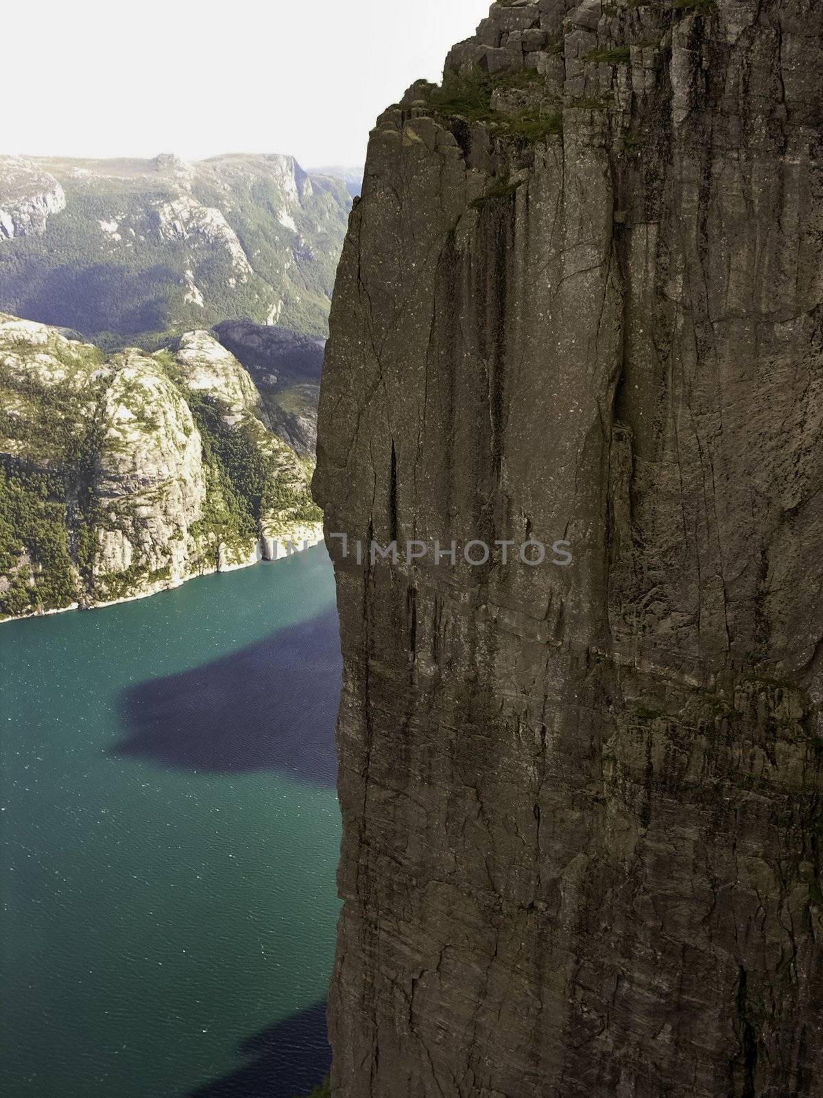 Preikestolen  pulpit-rock view in Norway fjord landscape