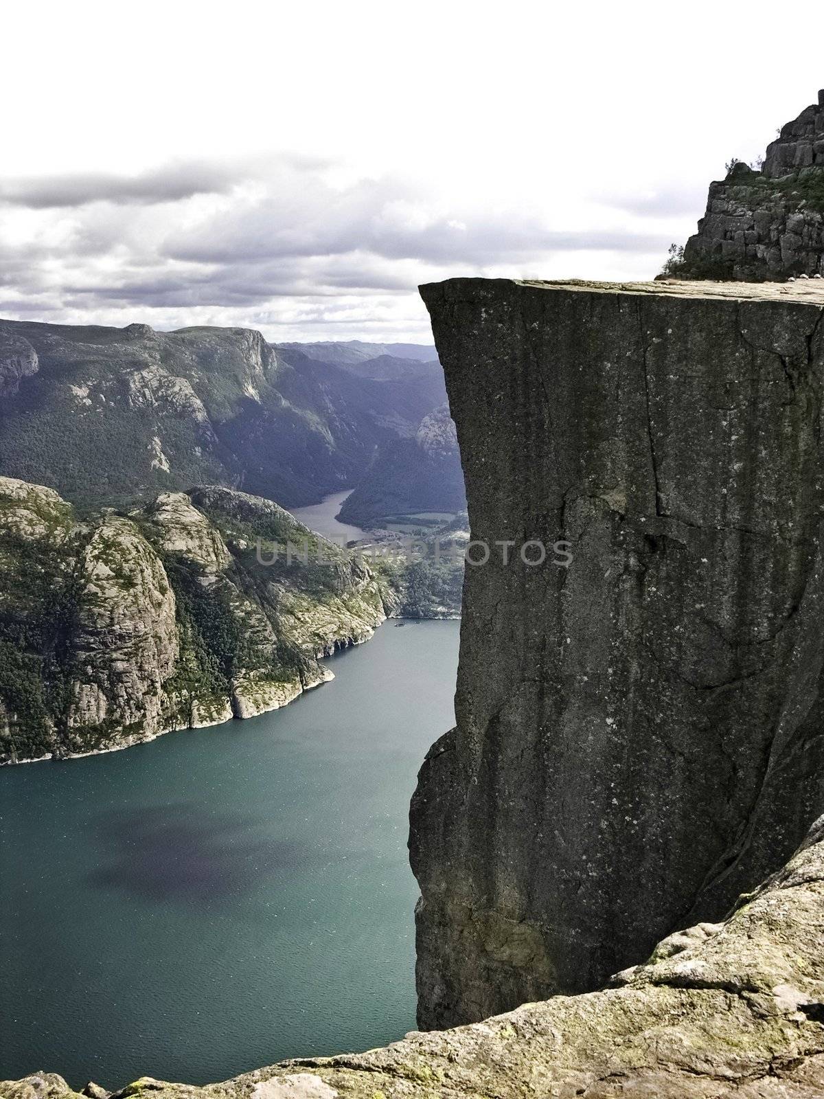 Preikestolen  pulpit-rock view in Norway fjord landscape