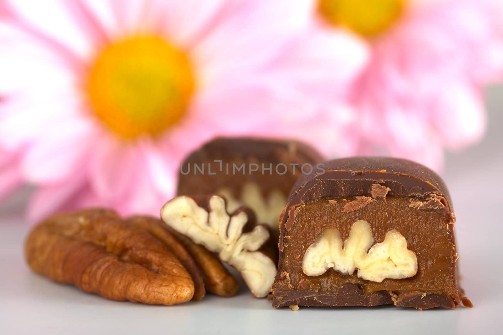 Pecan nut truffle with pecan nut beside and pink flowers in the back (Selective Focus, Focus on the front of the truffle)