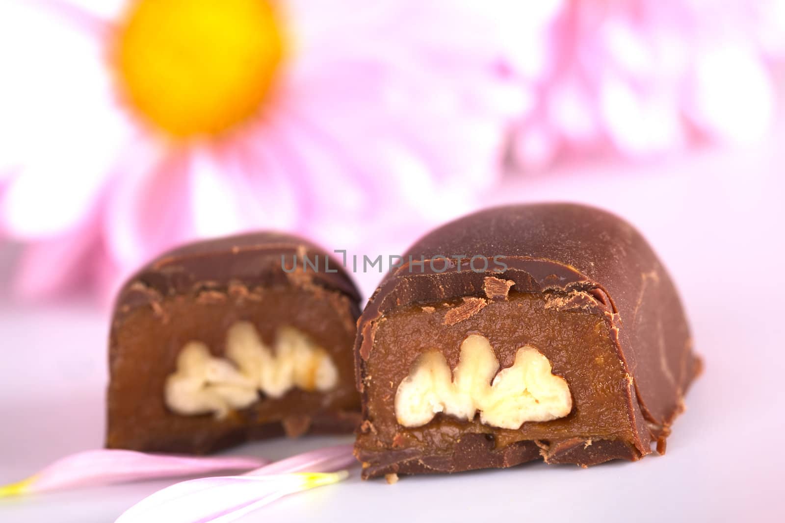 Two pecan nut truffle halves with pink flowers in the back (Selective Focus, Focus on the front upper corner of the right truffle half)