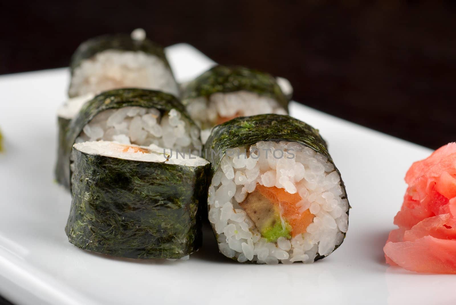 Hokkaido maki: sushi rool of avocado, nori, salmon