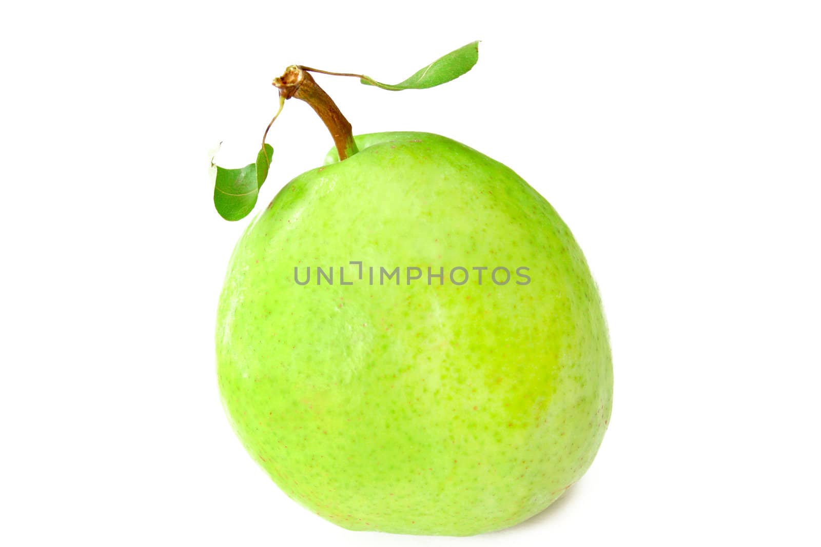 A fresh pear with leaves isolated on a white background.