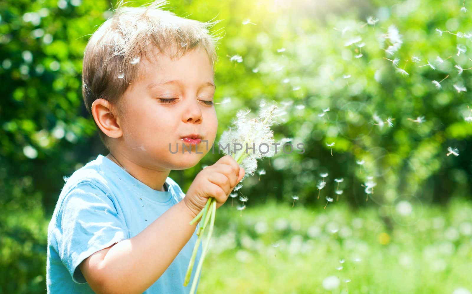 Cute 2 years old boy with dandelion outdoors at sunny summer day