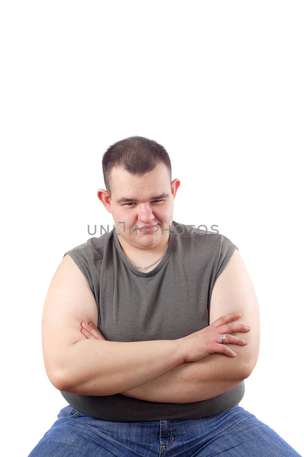 Sitting obese man portrait photo on the white background