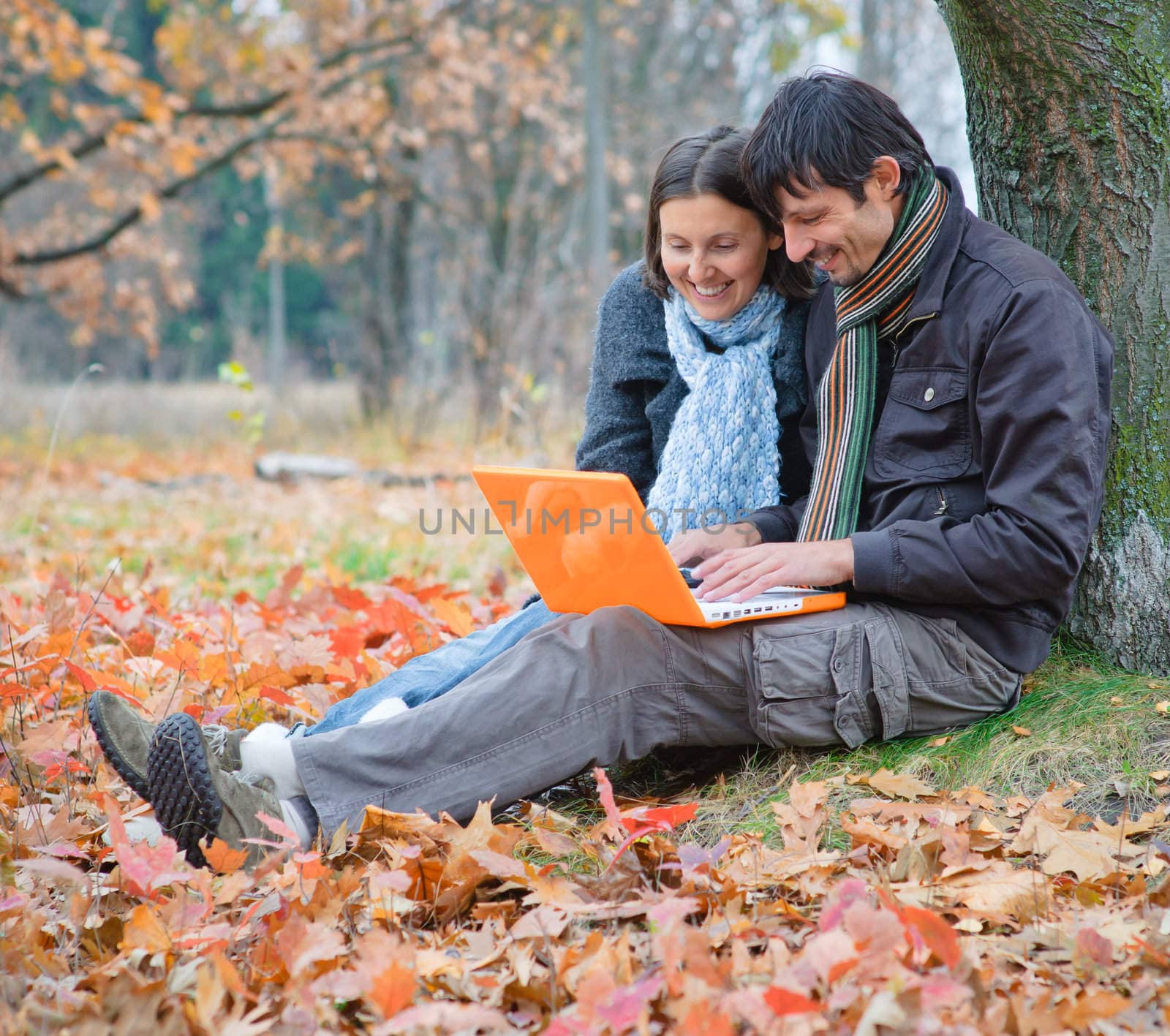 Romantic mature couple sitting with laptop in the autumn park.