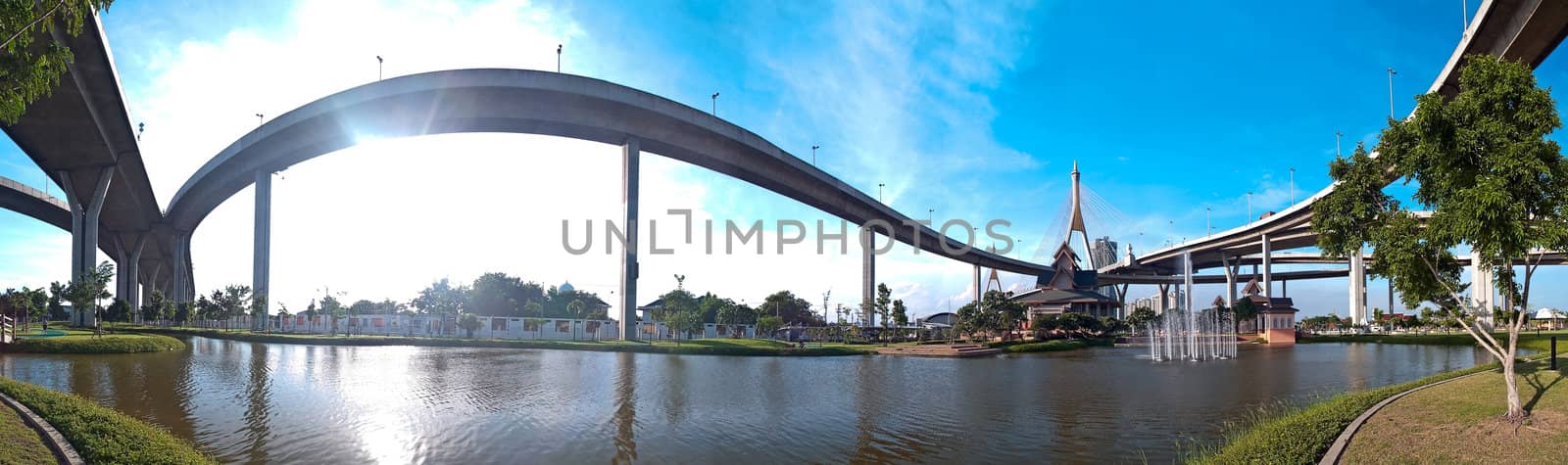 Panorama of Bhumibol Bridge also casually call as Industrial Ring Road Bridge, Samut Prakarn,Thailand