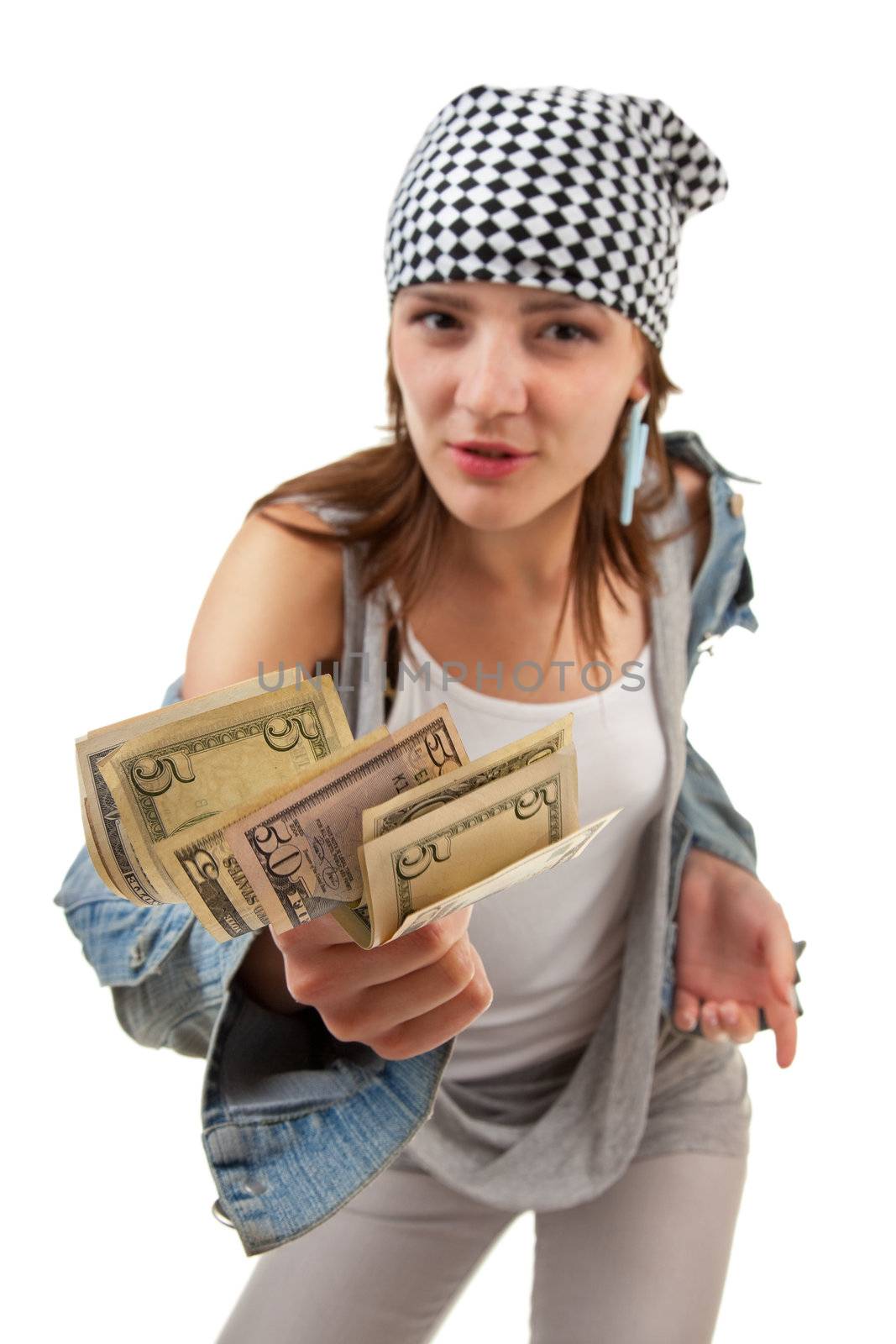 hooligan looking girl with the money on a white background