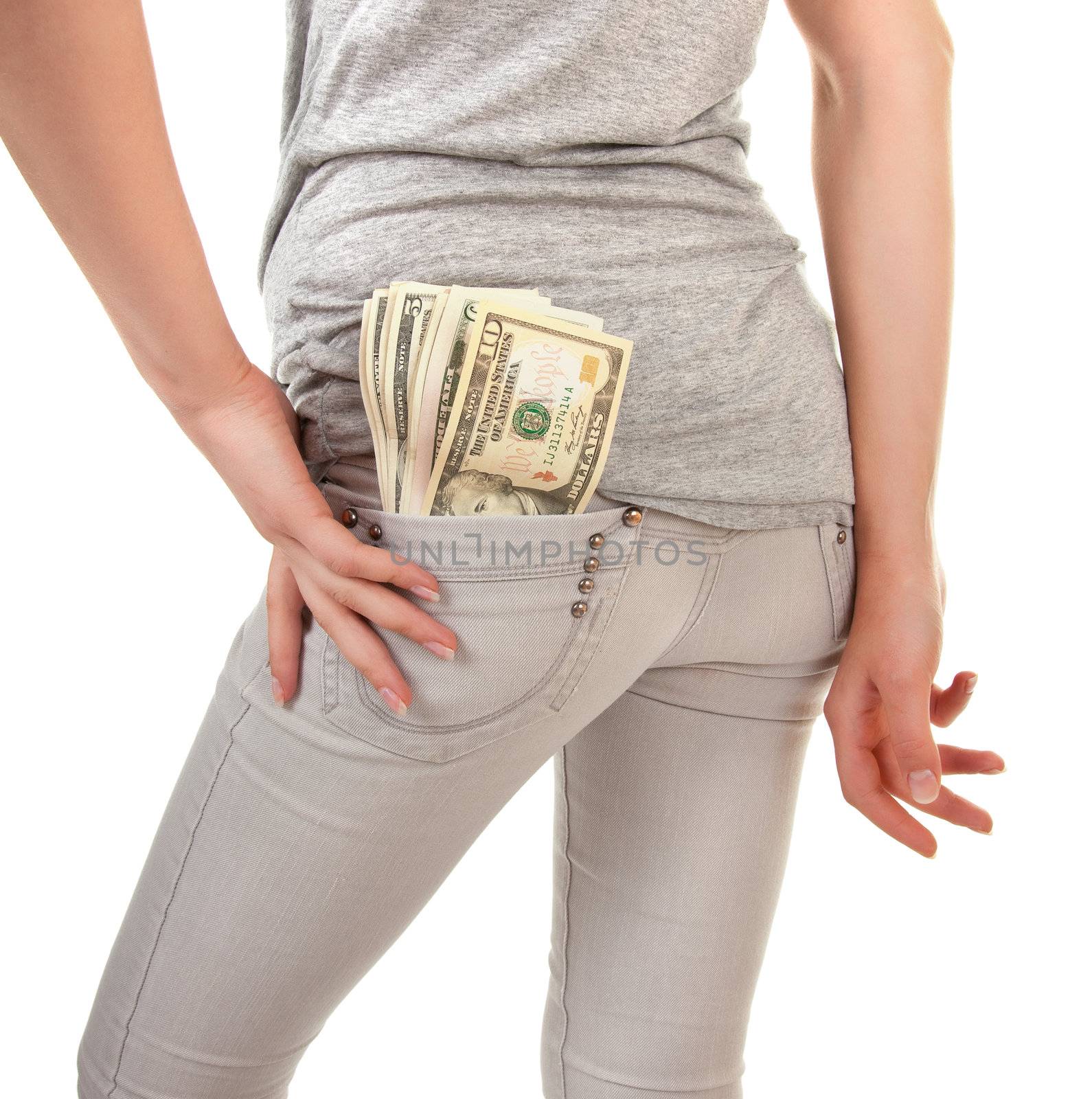 hooligan looking girl with the money on a white background