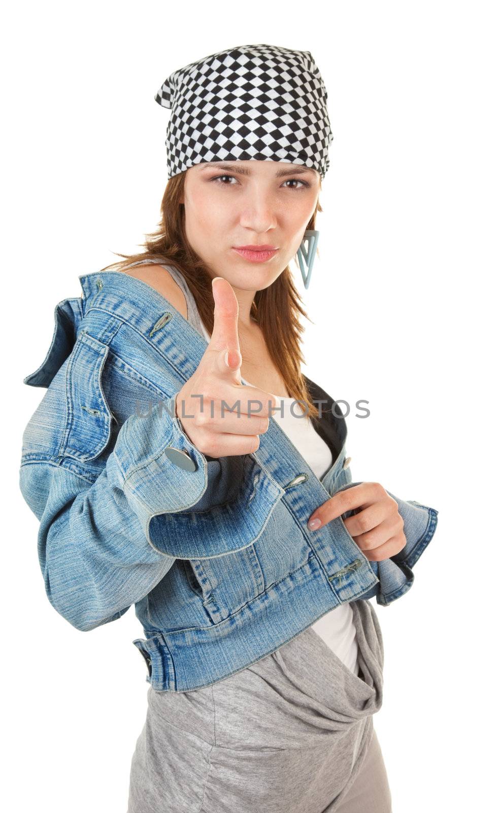 hooligan looking girl with the money on a white background