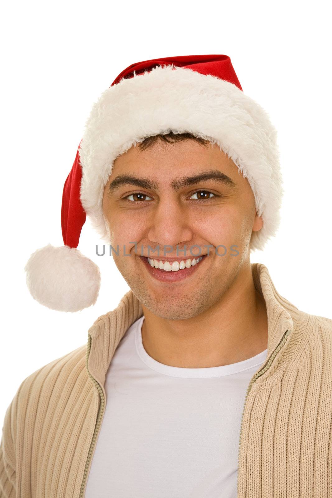 young man in a Santa Claus hat