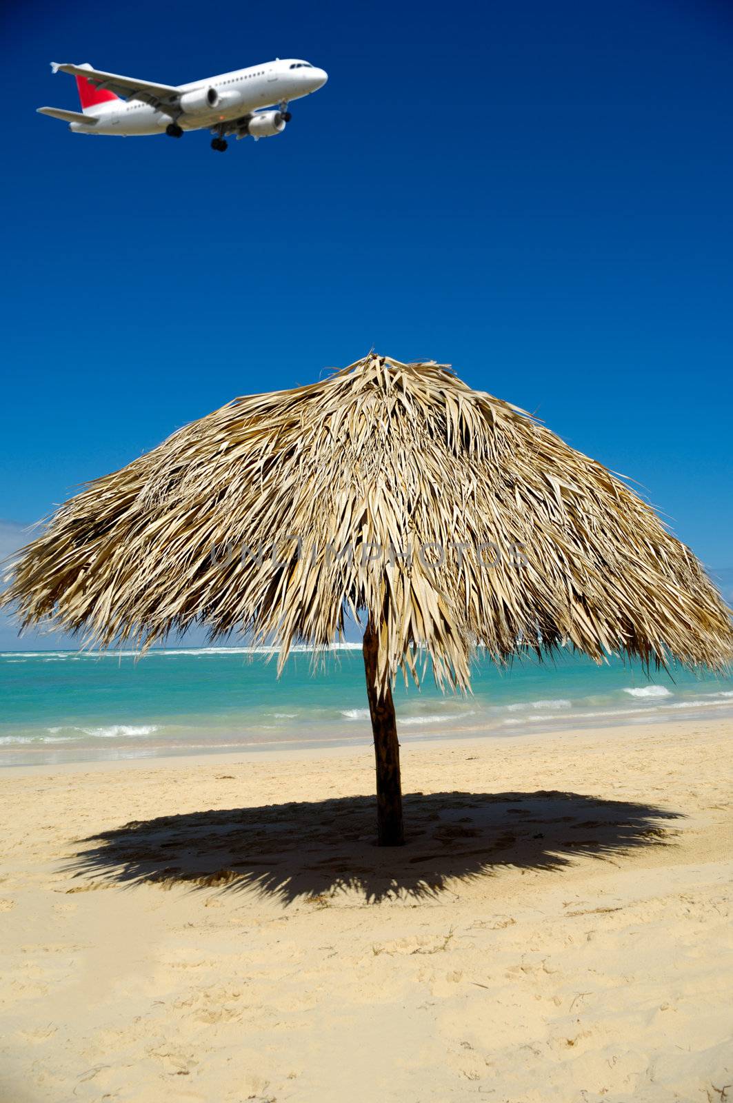 Parasol on beach and plane by cfoto