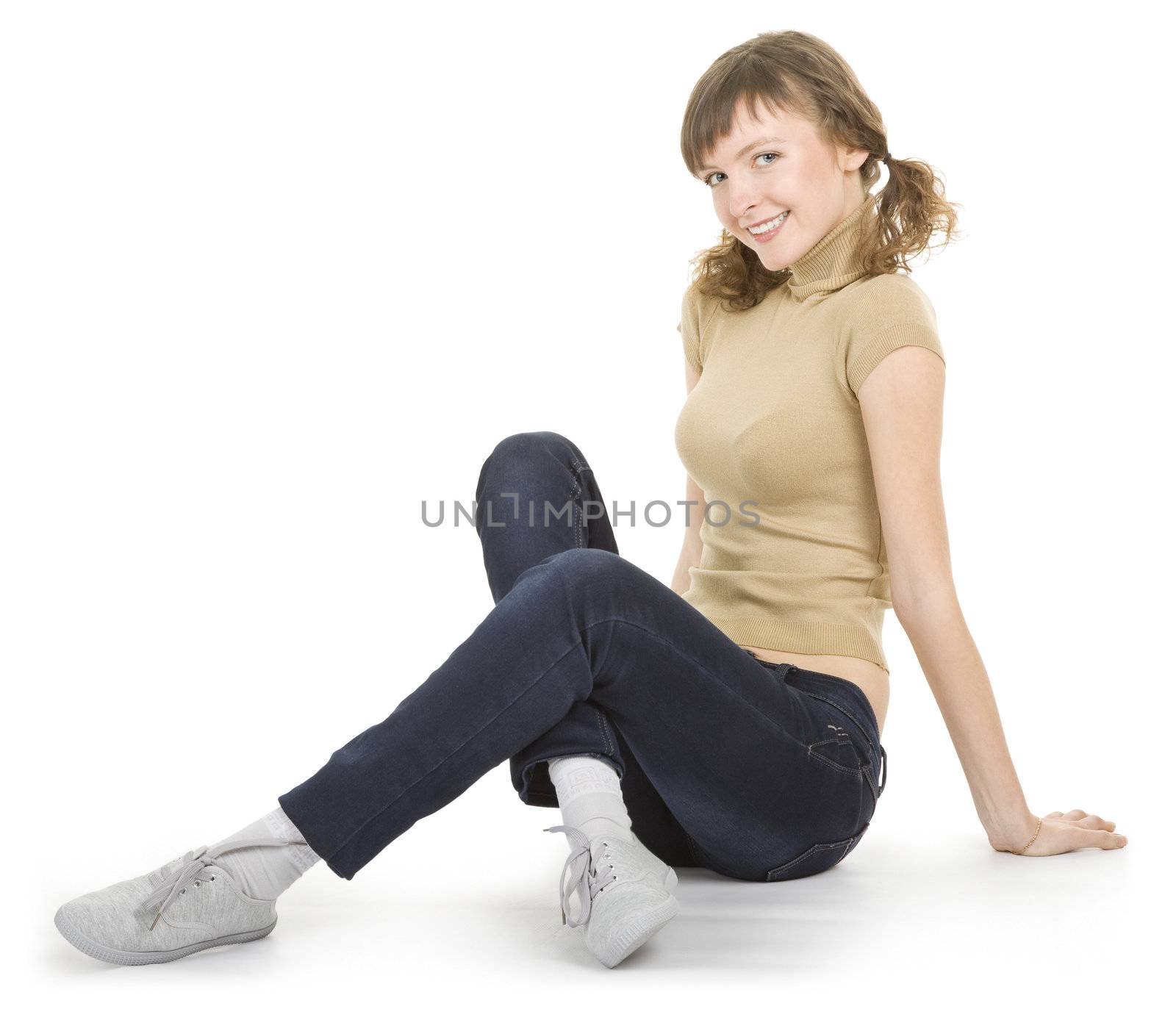 girl with braids wearing jeans on a white background