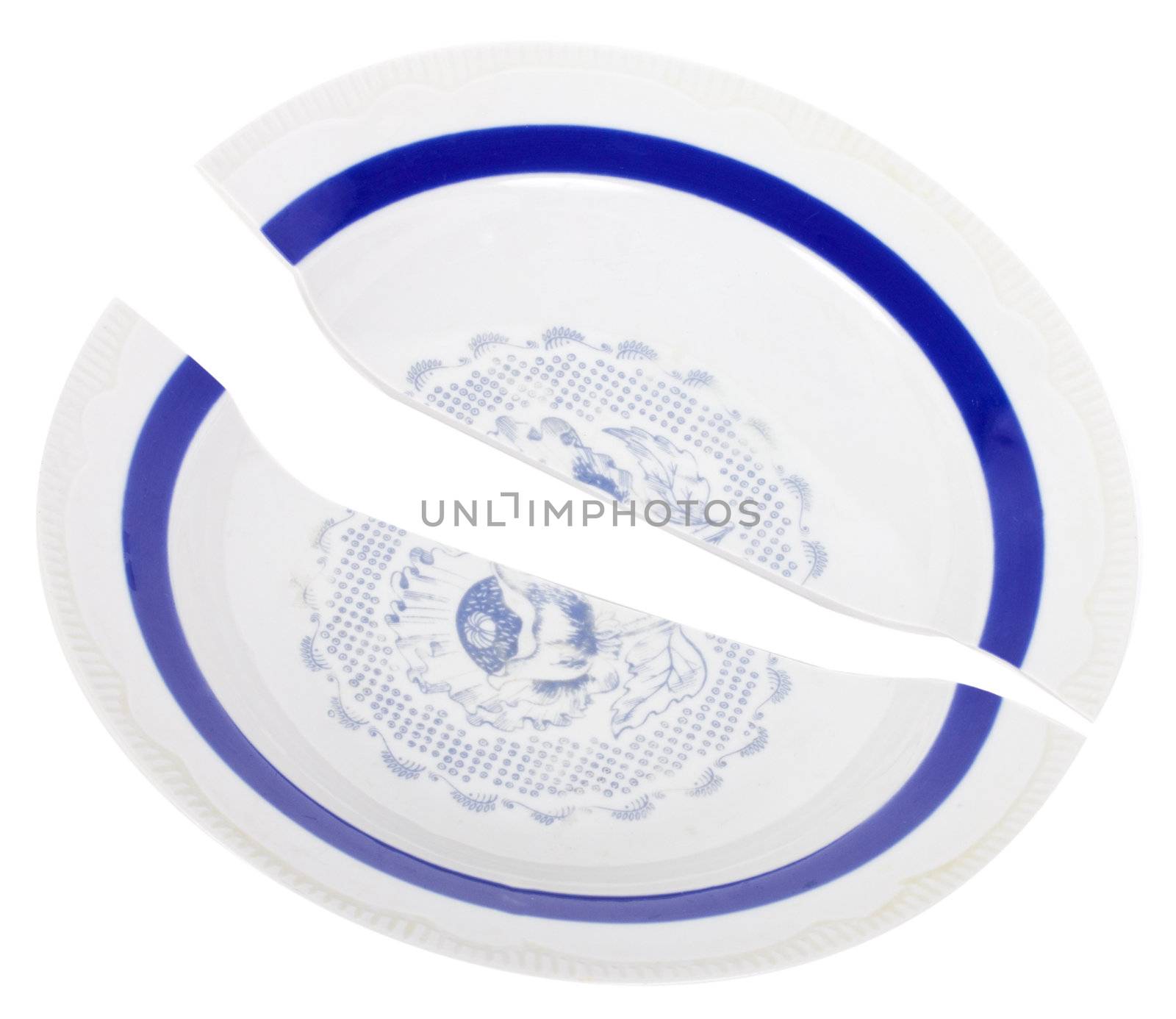 close-up broken plate, isolated on white