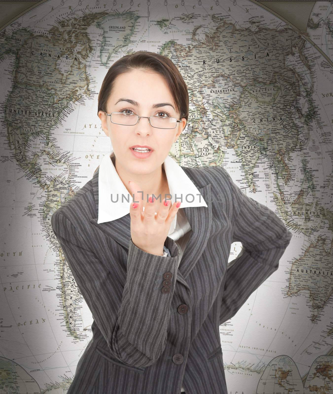 portrait of a business woman on map background