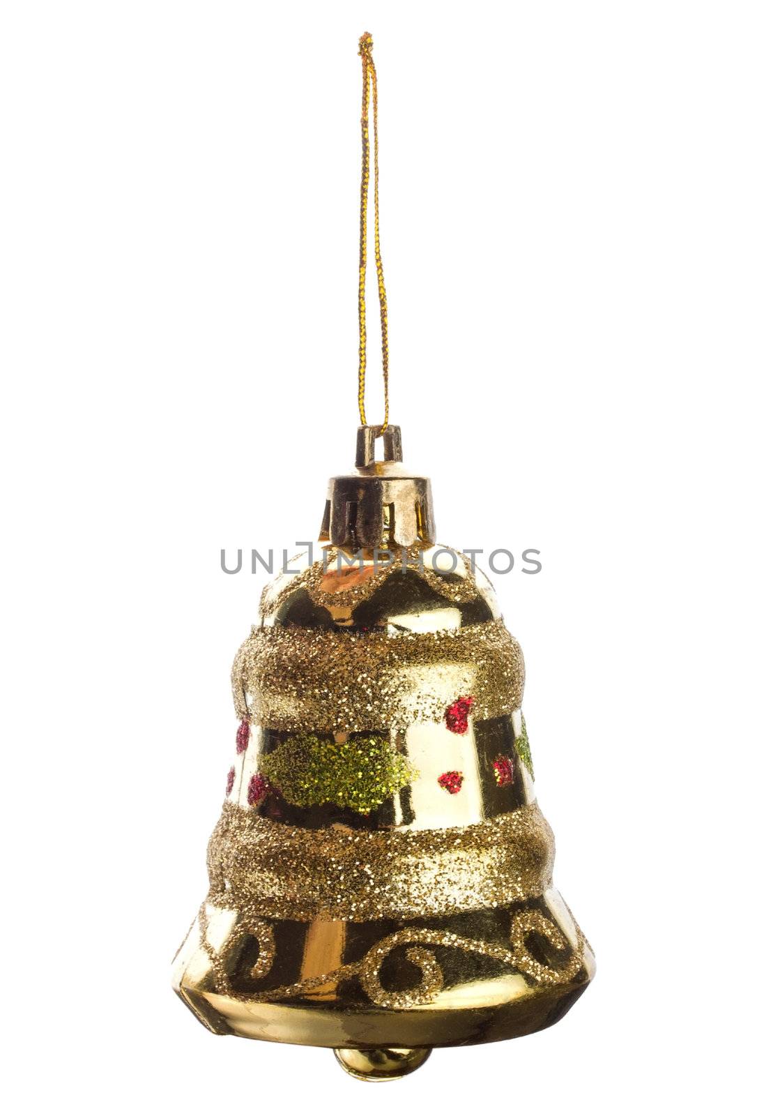 close-up golden christmas bell, isolated on white