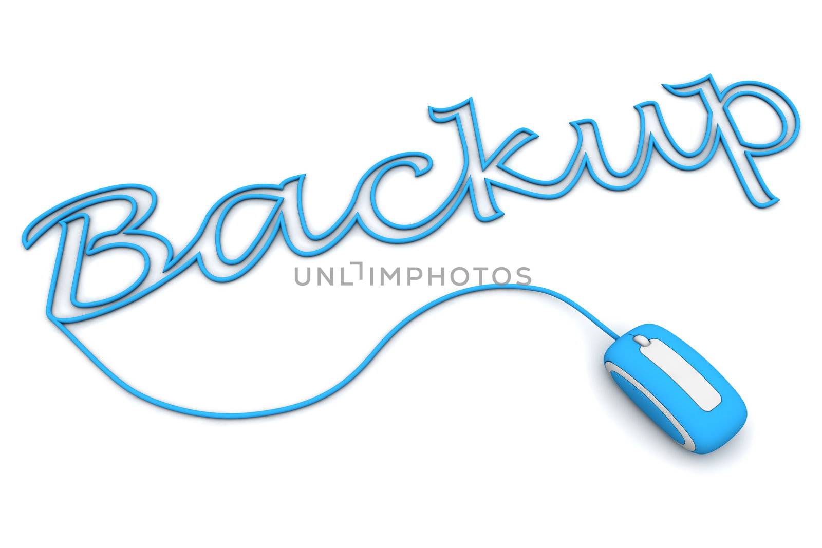 modern blue computer mouse is connected to the blue word BACKUP - letters a formed by the mouse cable