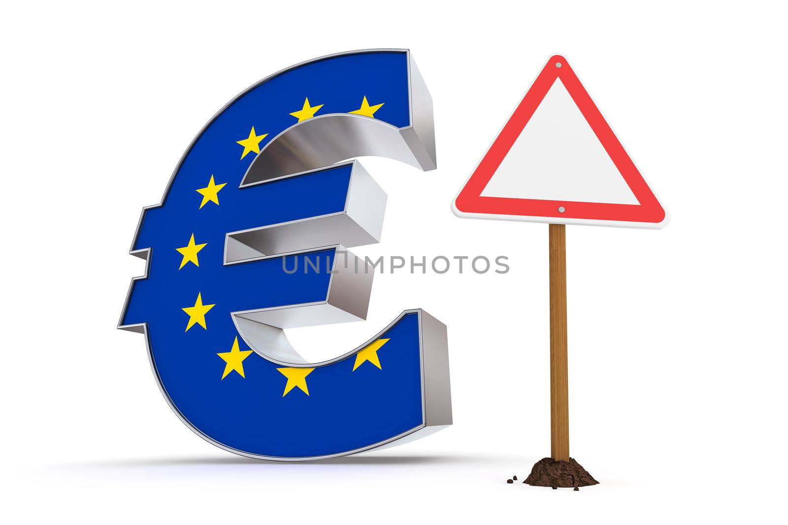 shiny metallic Euro symbol with a European Union flag on it's front - a red and white  triangular warning sign stands next to it