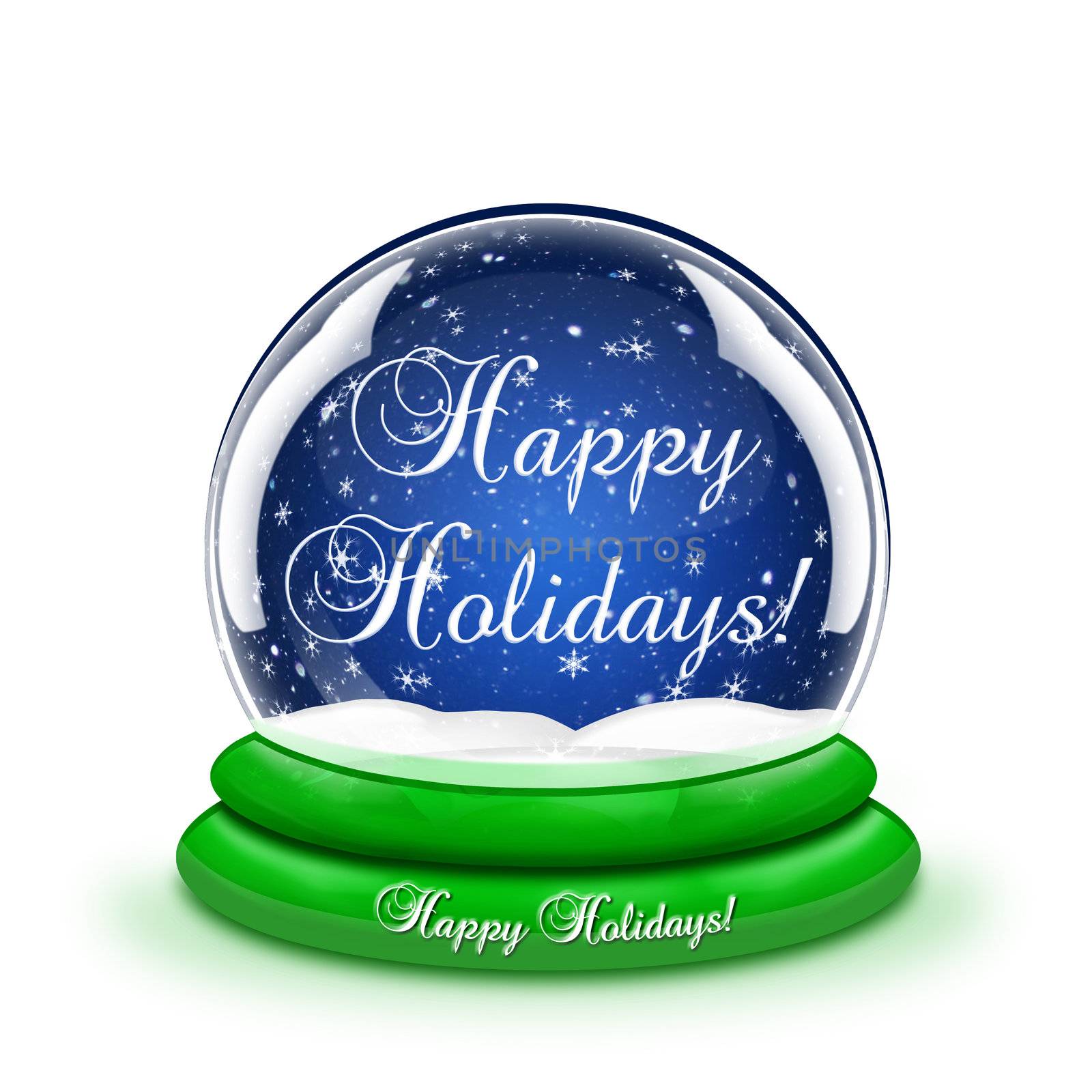 A snow globe with the words Happy Holidays inside.
