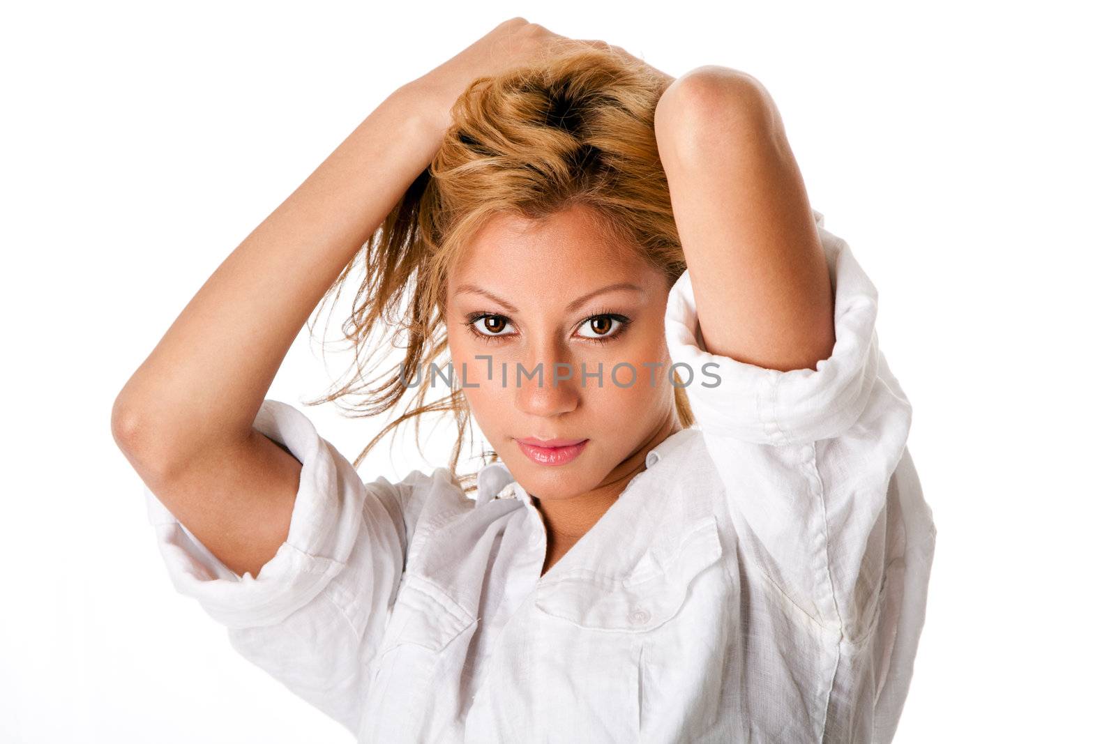 Beautiful blond woman with healthy facial skin acne free, hands in hair and white blouse, isolated.