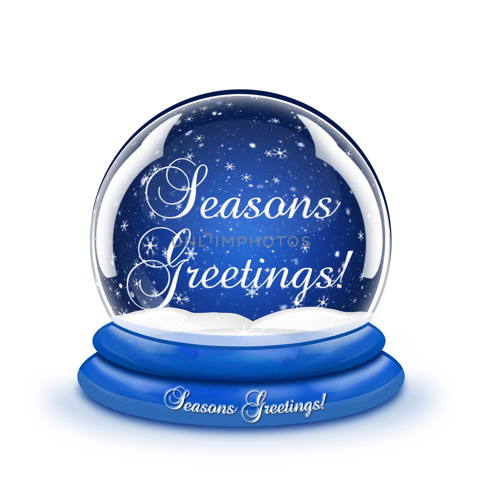 A snow globe with the words Seasons Greetings inside.