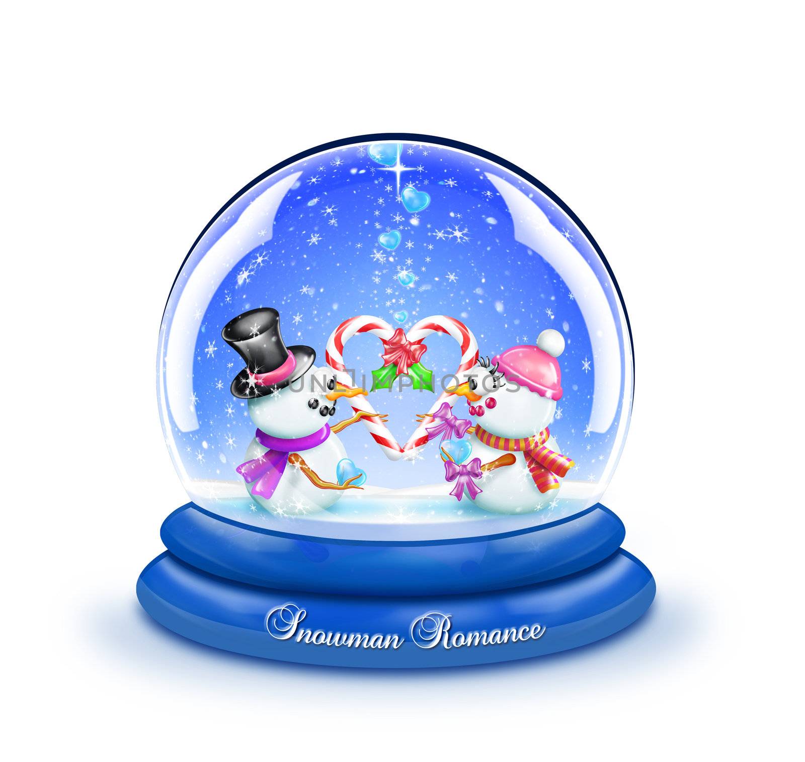 A snow globe with two snowmen holding candy canes in the shape of a heart.