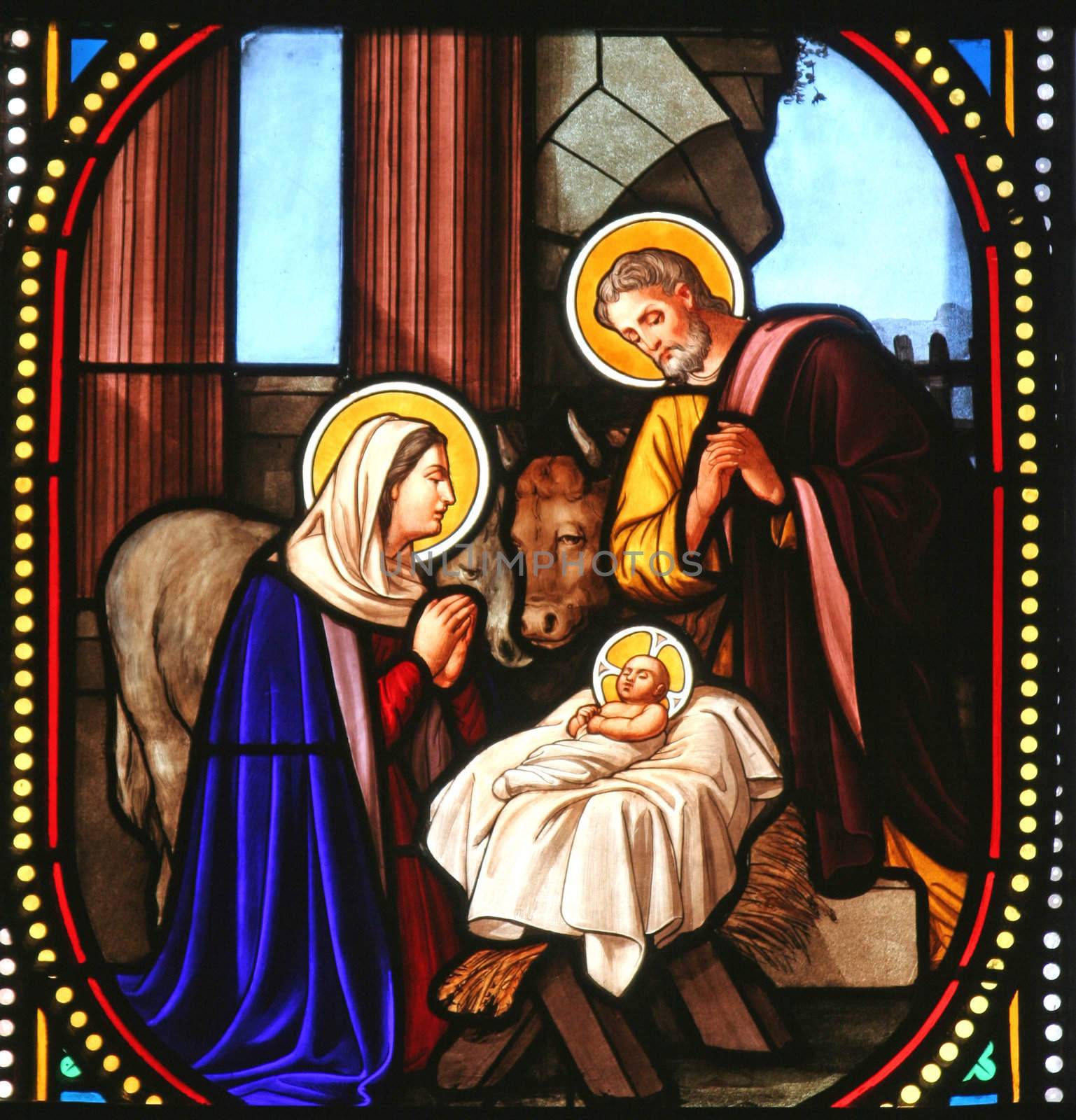 Nativity scene, stained glass, Church of St. Catherine, Bethlehem