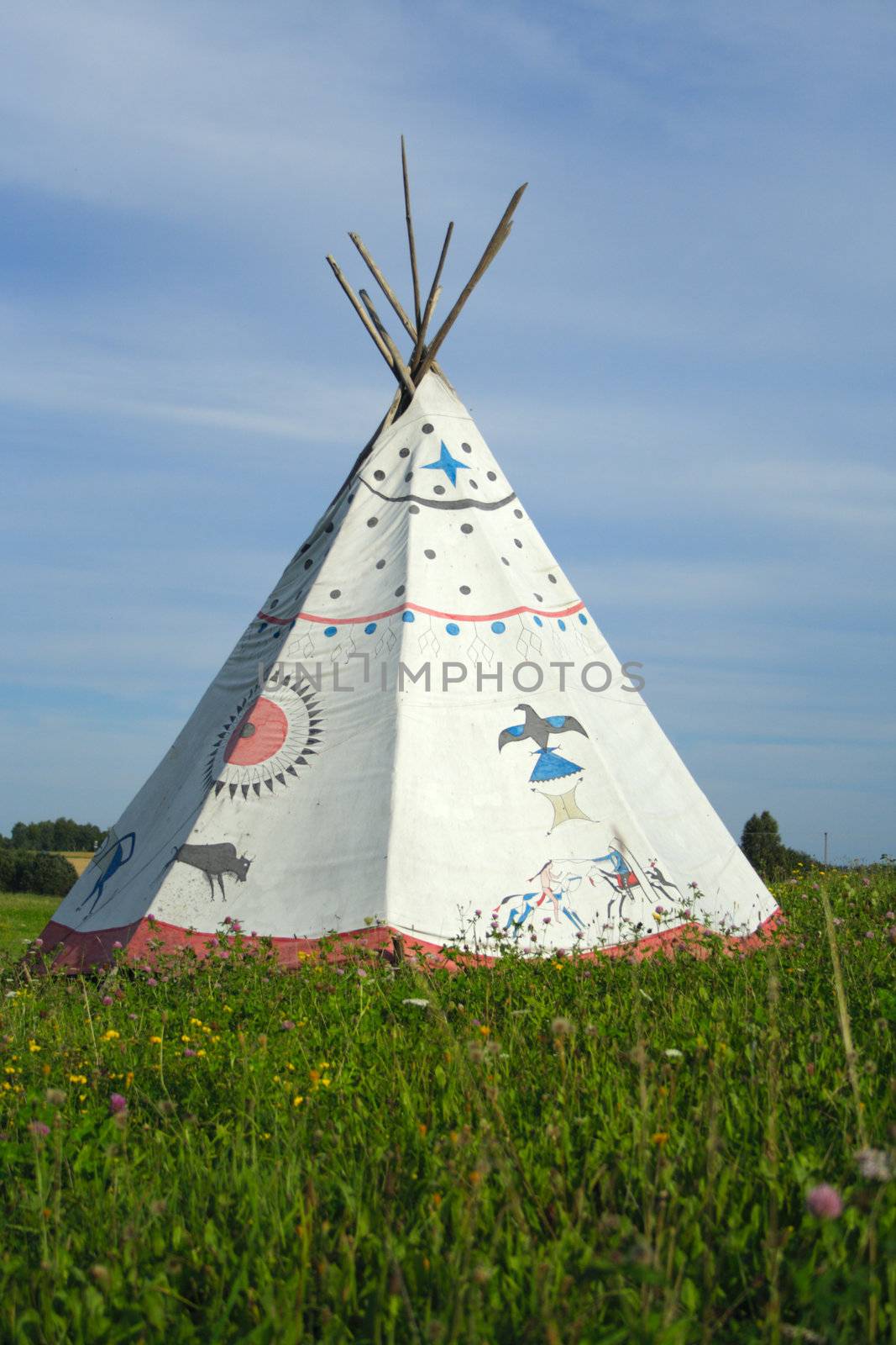  tipi on green meadow on background of blue sky