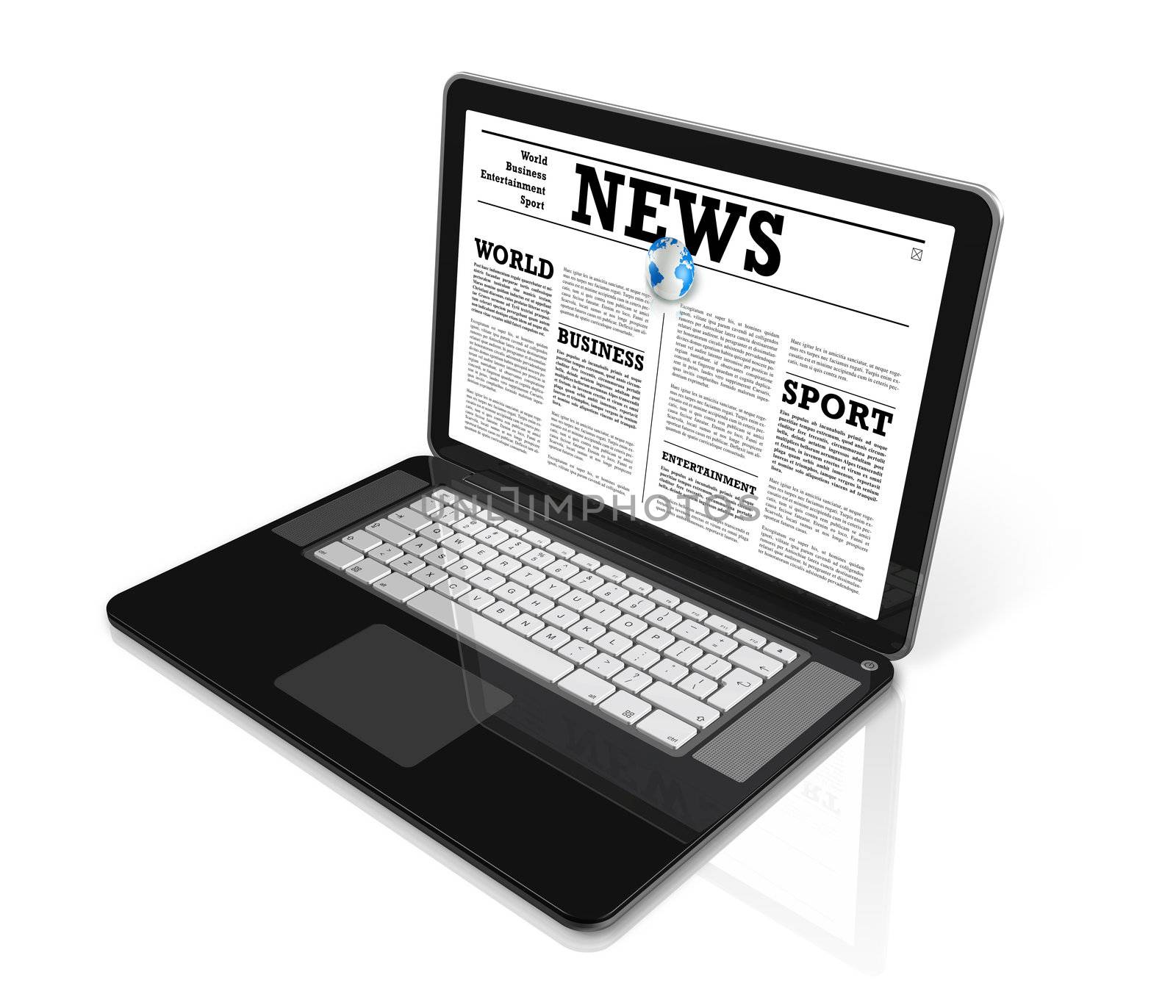 News on a laptop computer isolated on white with 2 clipping paths : one for global scene and one for the screen