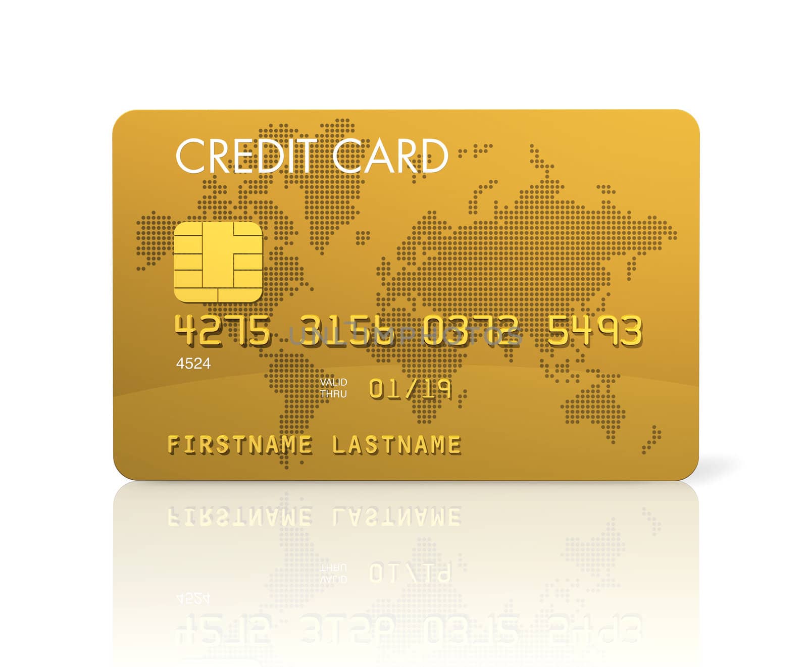 Gold credit card, 3D render isolated on white