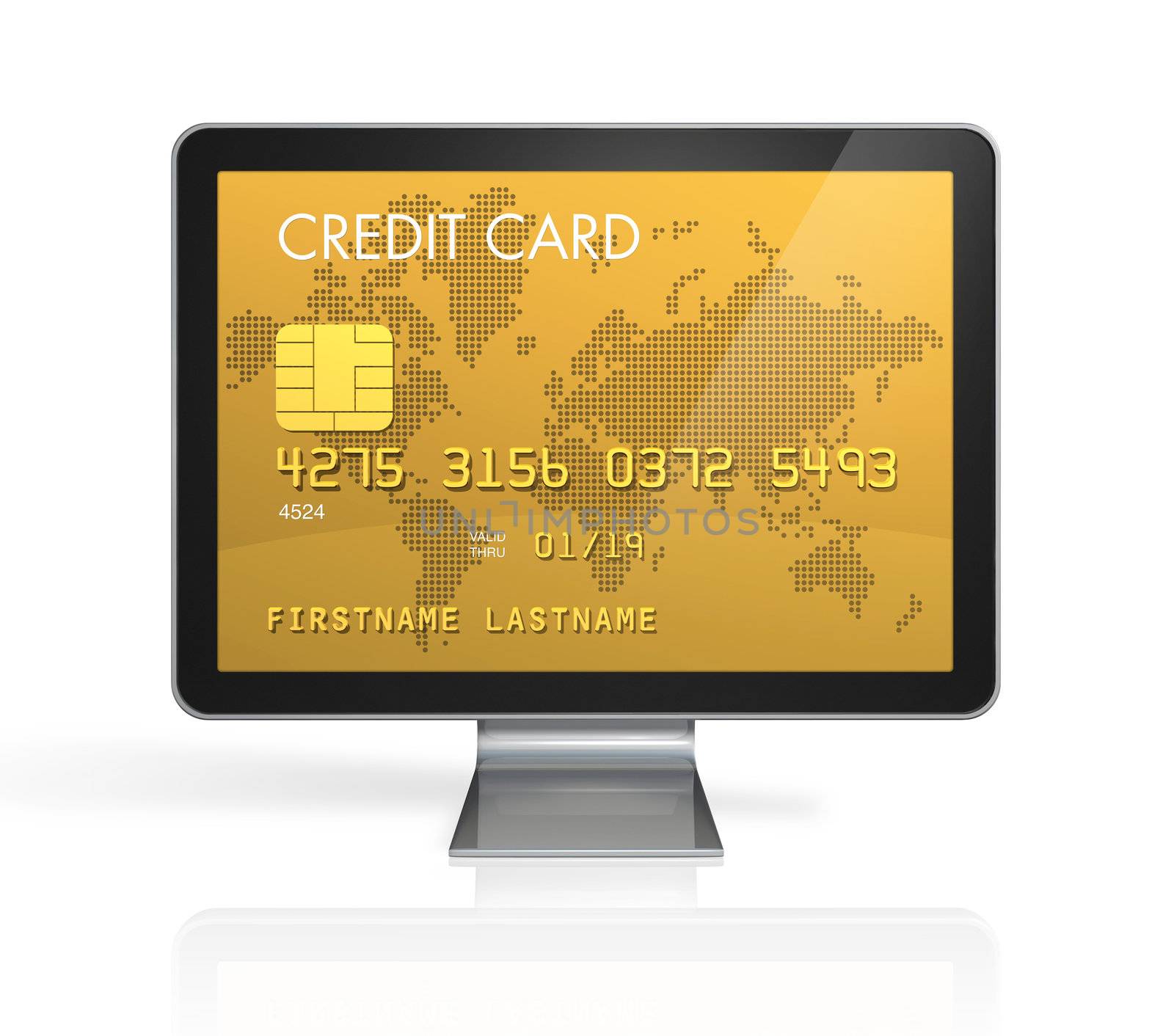 3D render of a gold credit card on a computer screen- isolated on white with 2 clipping paths : one for global scene and one for the screen