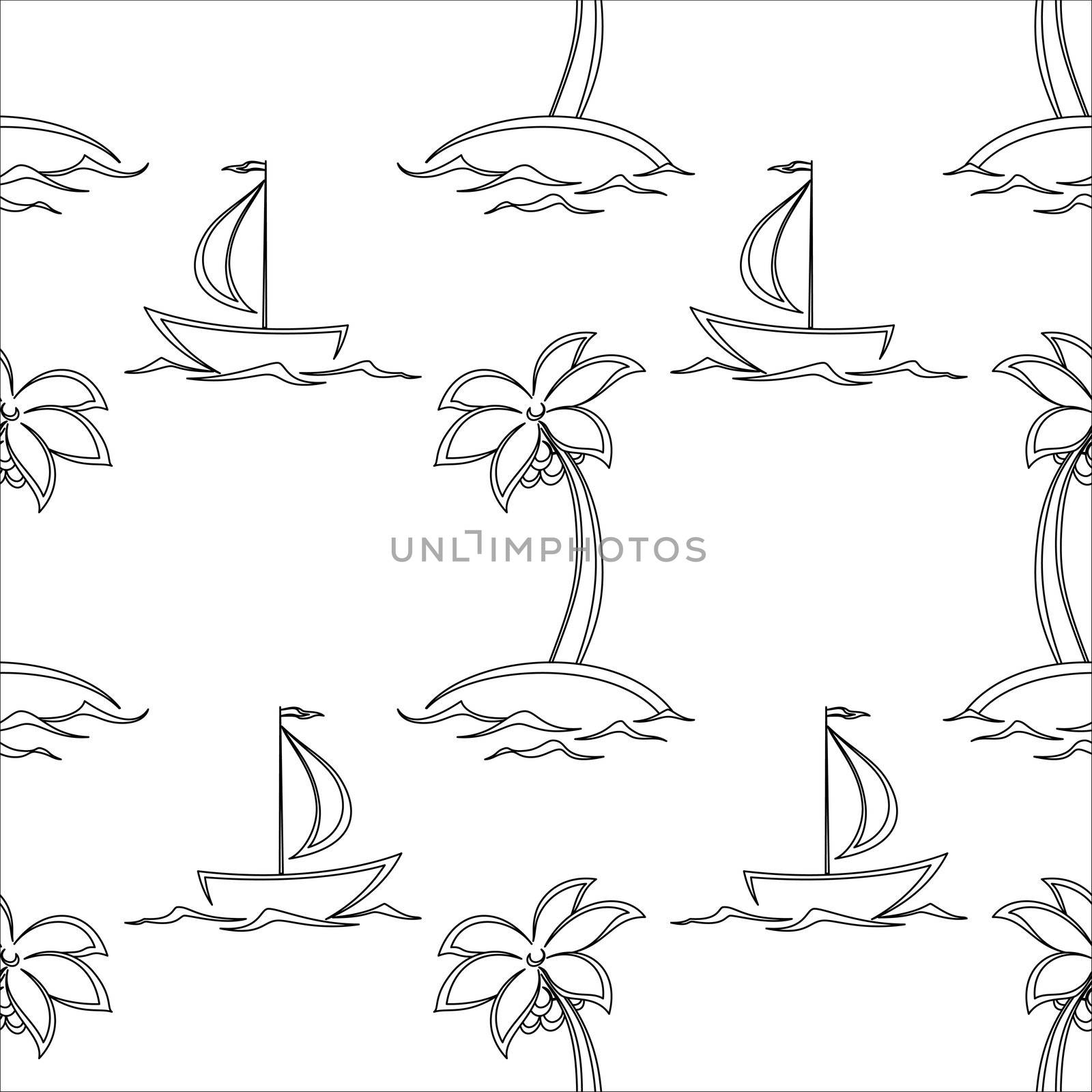 seamless background, contours: sea, islands with palm trees and sailing ships