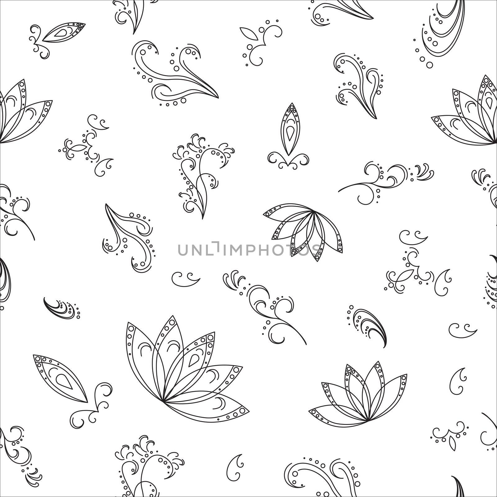 Abstract seamless background with graphic floral pattern, monochrome contours