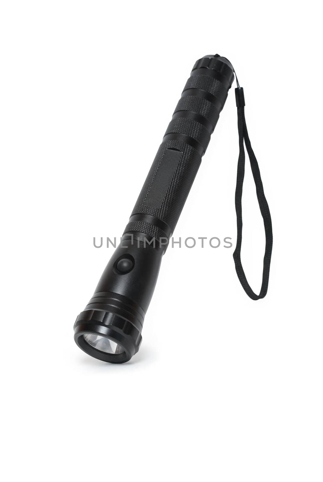 Modern black pocket electric torch on white background. Clipping path is included