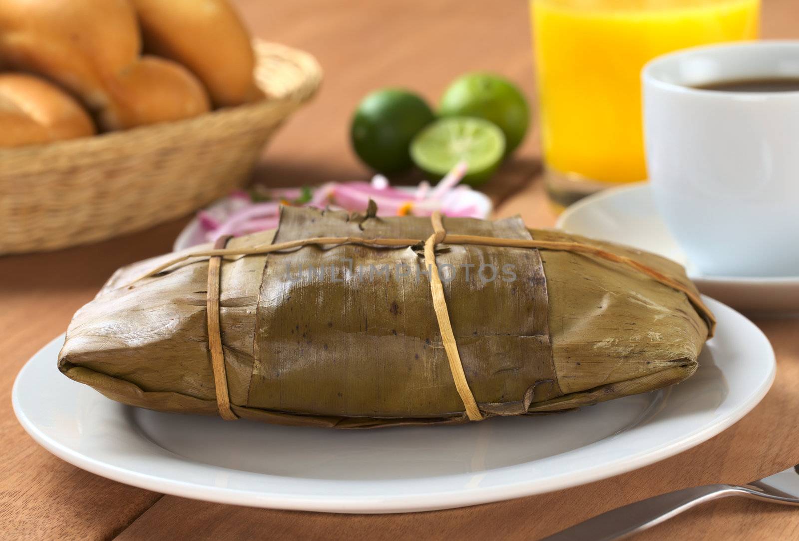 Peruvian food called Tamal which is prepared from cooked corn mixed with chicken meat and wrapped in banana leaves. It is eaten for breakfast or as appetizer at lunchtime (Selective Focus, Focus on the front of the tamal)