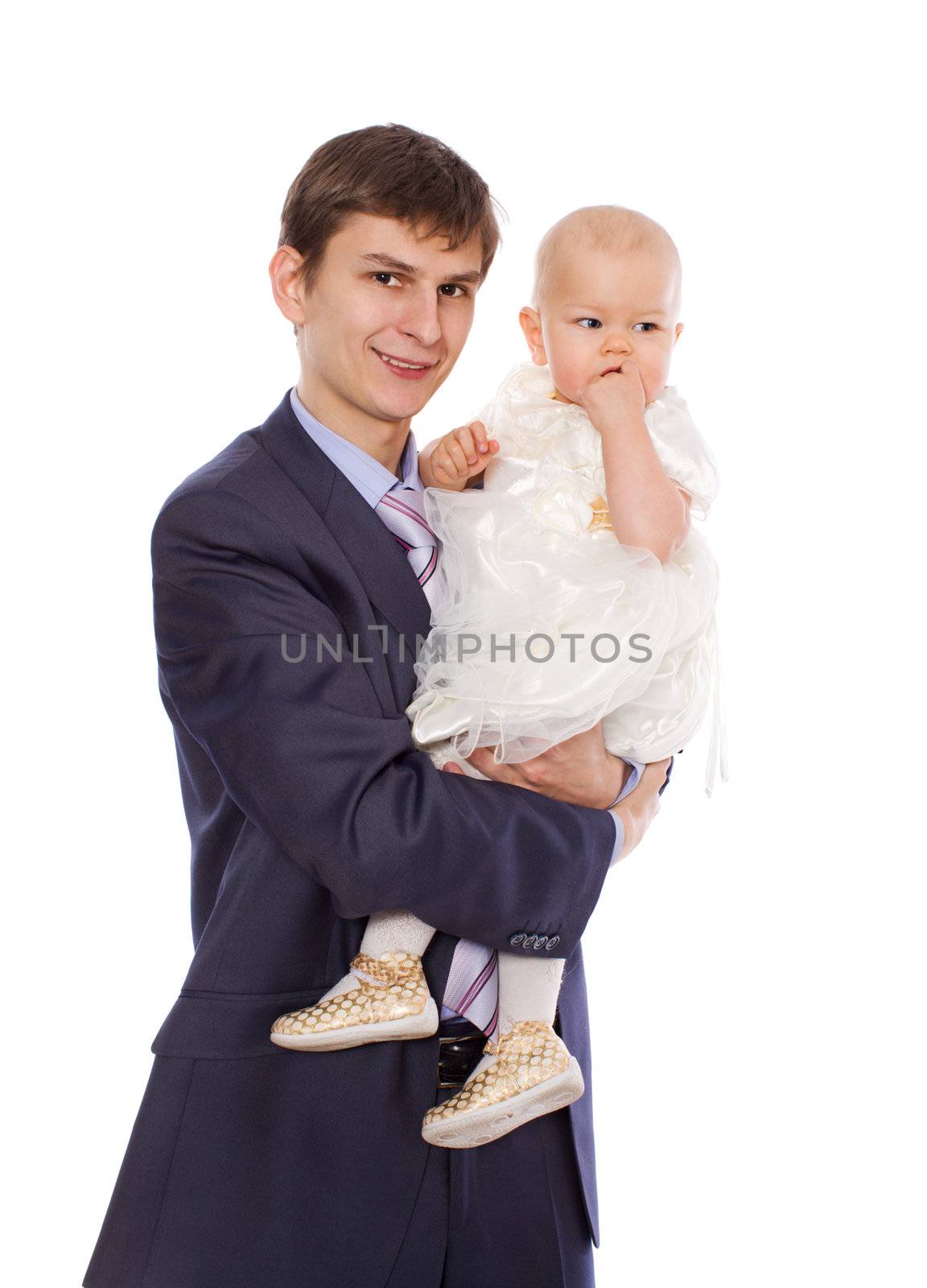 Father and daughter posing together isolated on white