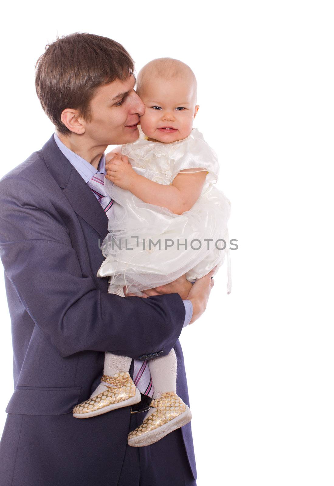 Father and daughter posing together isolated on white