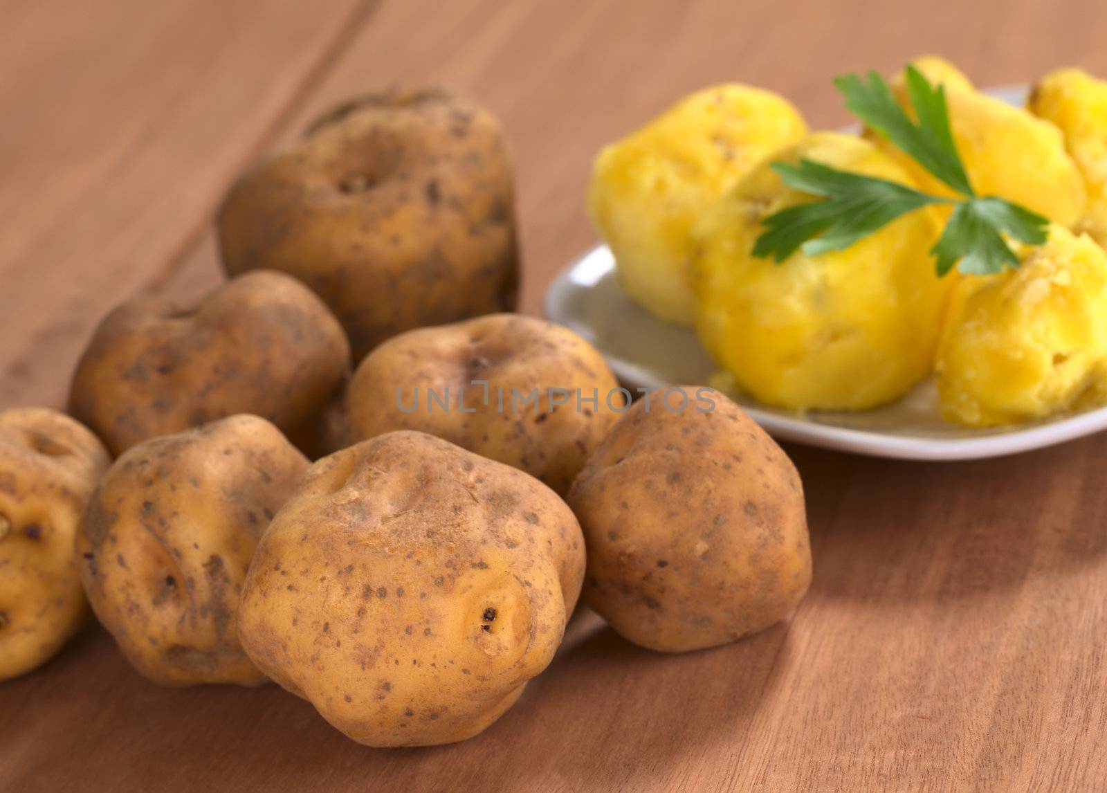 Peruvian yellow potato raw and cooked (Selective Focus, Focus on the first raw potato)