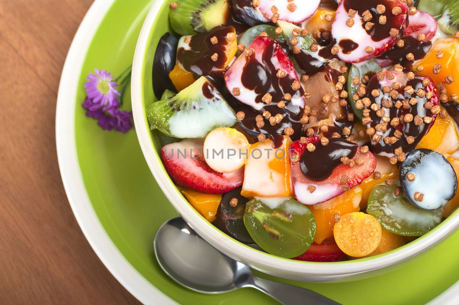 Fresh Fruit Salad with Yoghurt, Chocolate Sauce and Cereal  by ildi