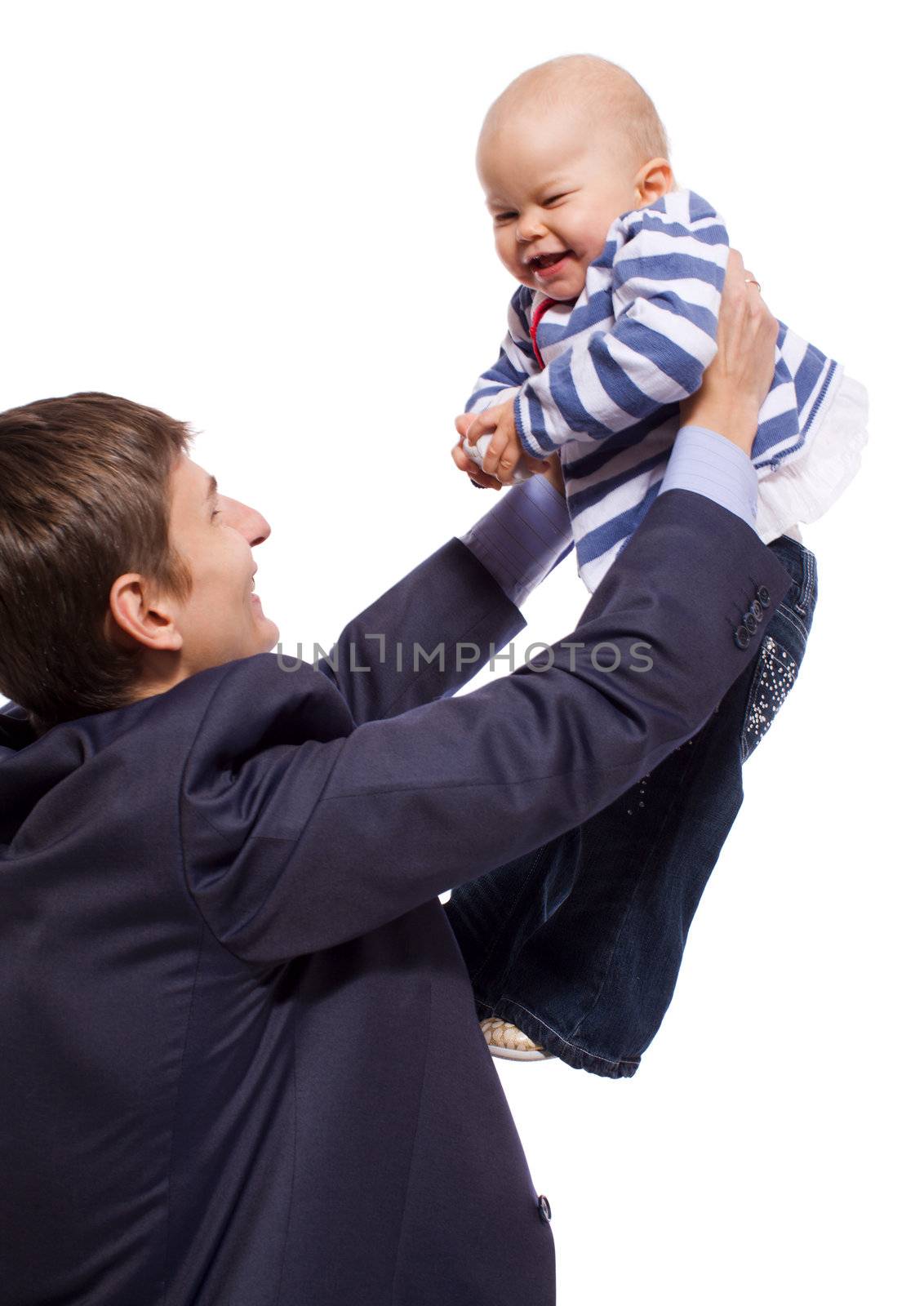 Happy father holding one year child isolated on white
