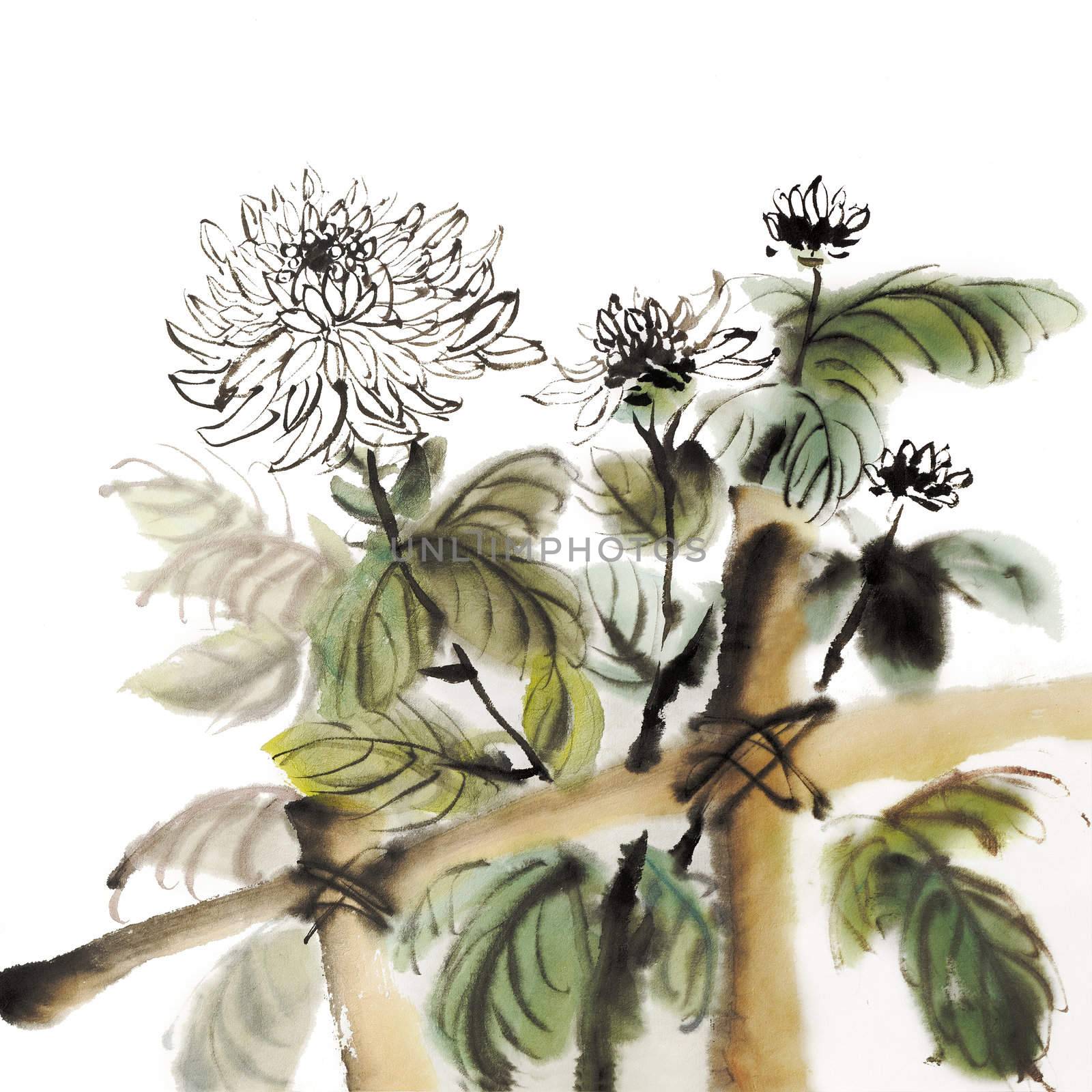Chinese chrysanthemum garden ink painting on white background.