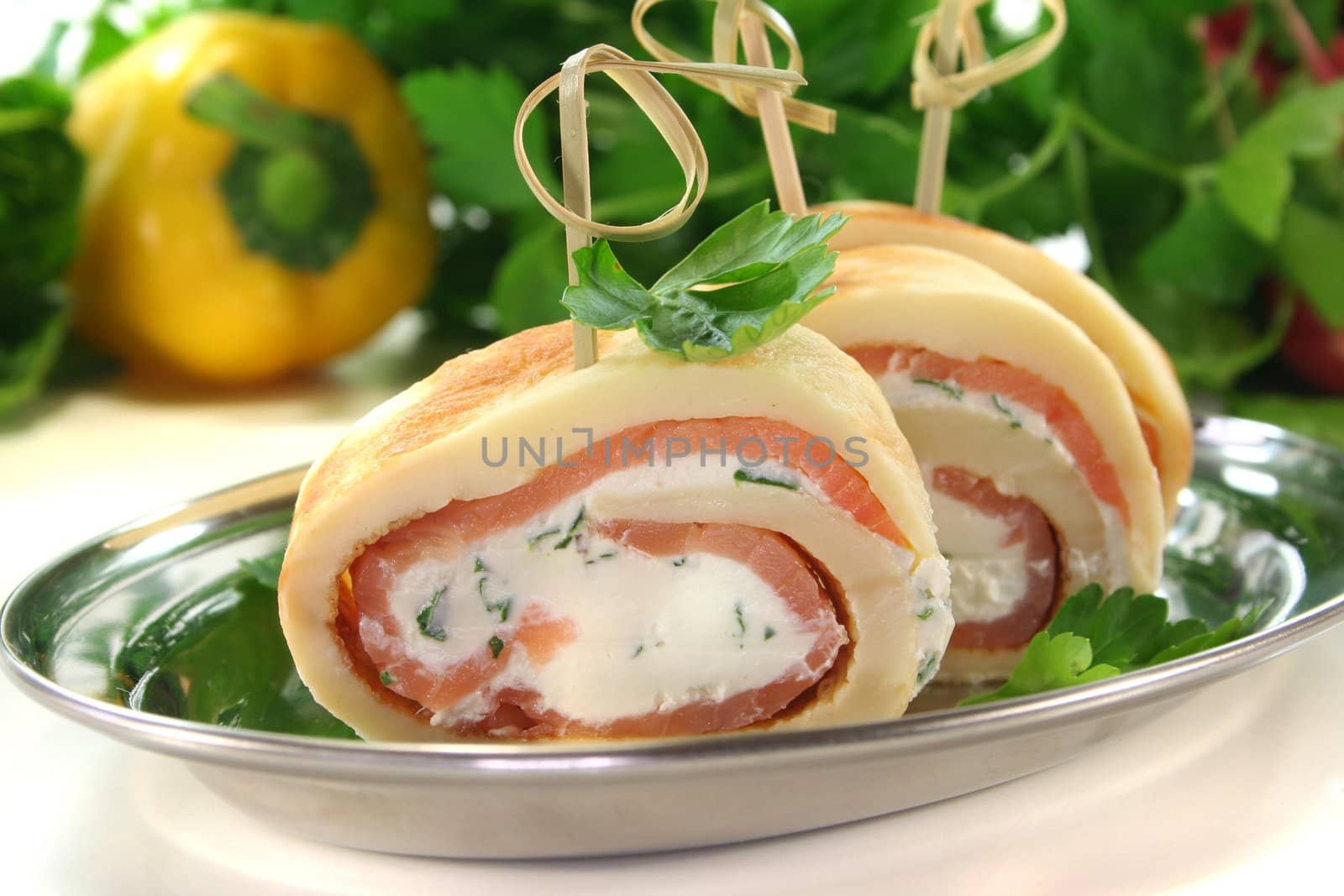 Pancakes filled with smoked salmon and cream cheese