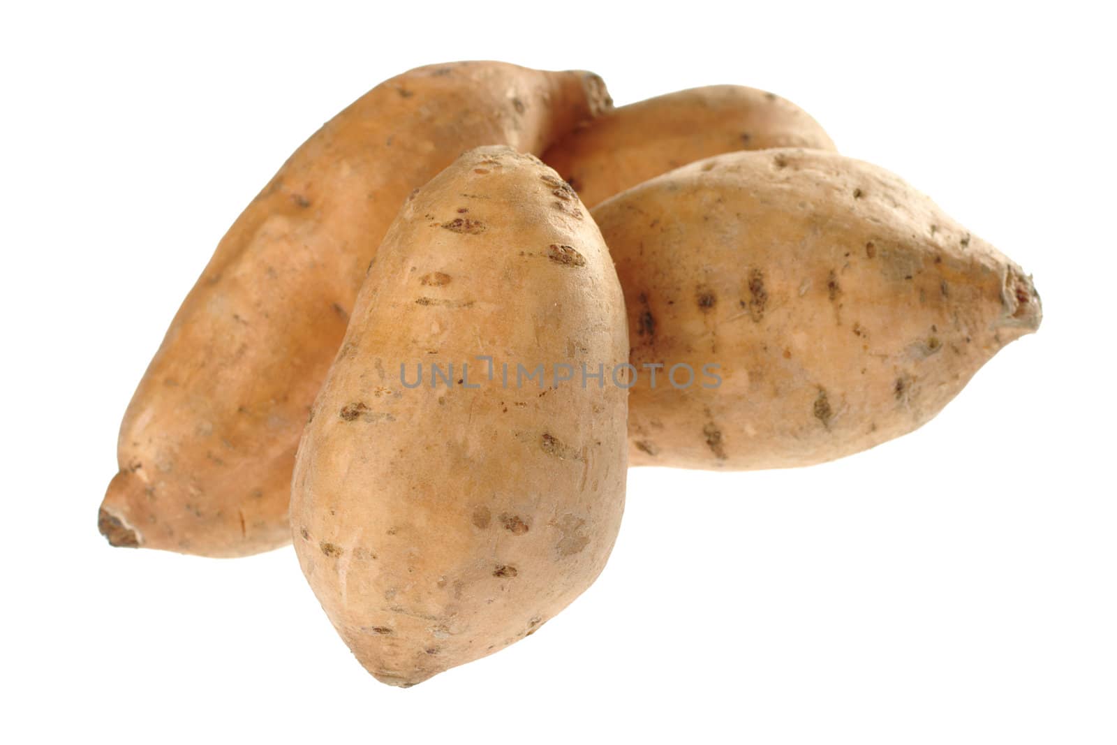 Sweet potatoes (lat. Ipomoea batatas) isolated on white (Selective Focus, Focus on the front sweet potato) 