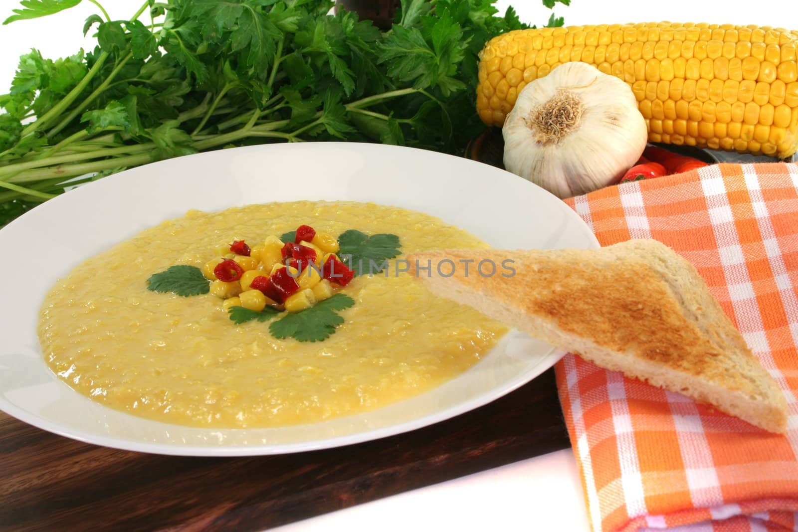 Corn soup with garlic, sweet corn, chilli and coriander