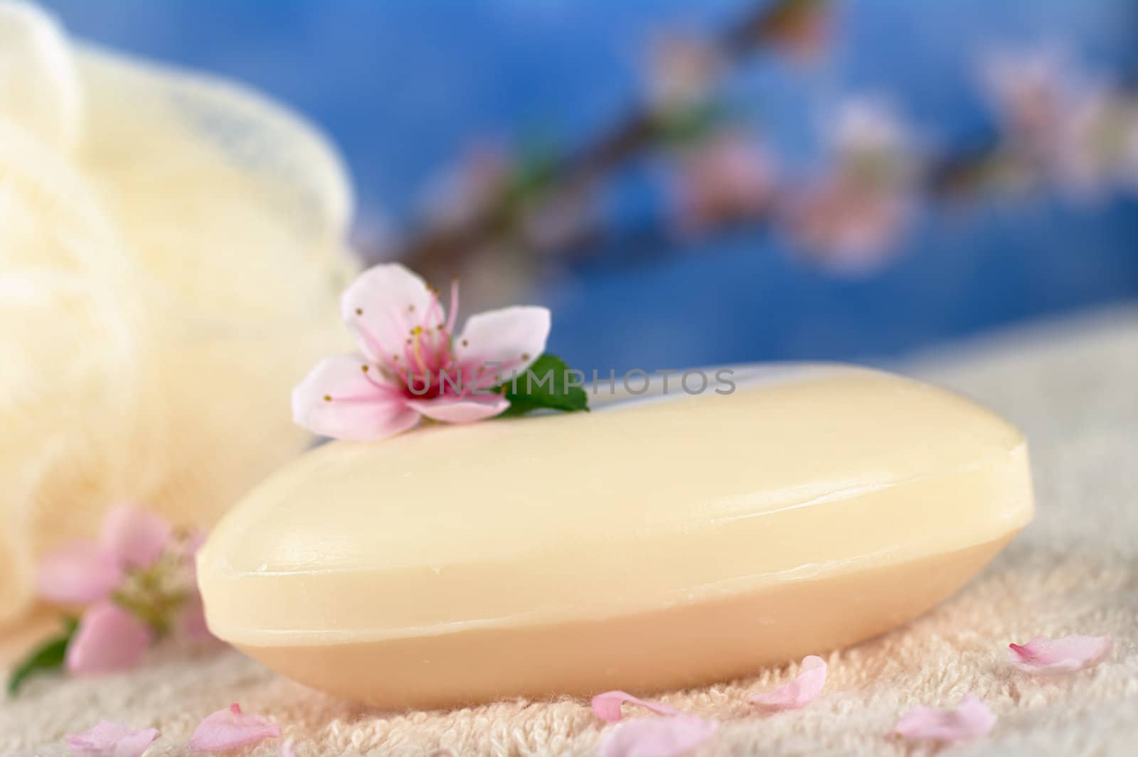 Soap bar on towel with a peach blossom on top (Selective Focus, Focus on the front of the soap)