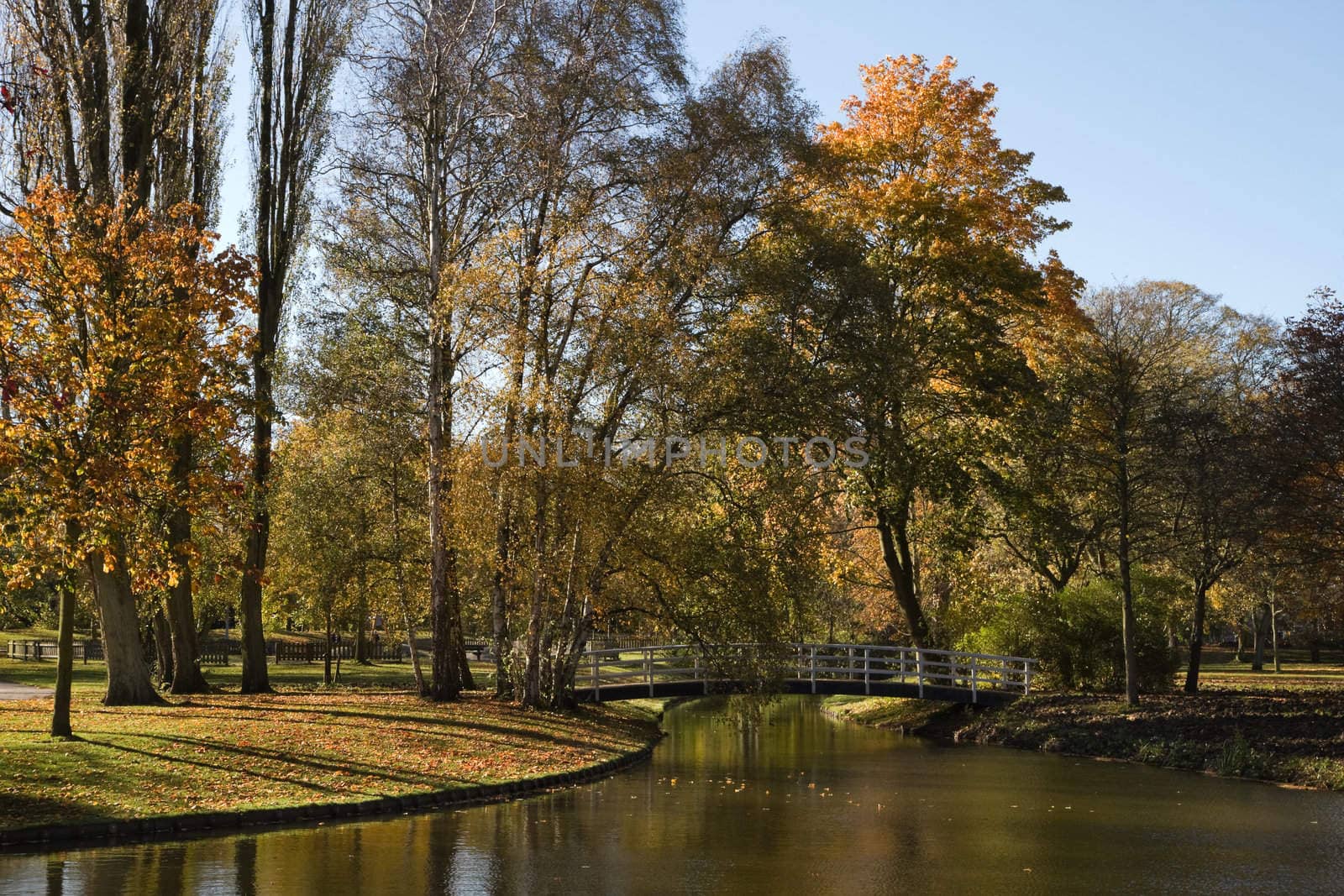 Pond and white bridge in park in fall by Colette
