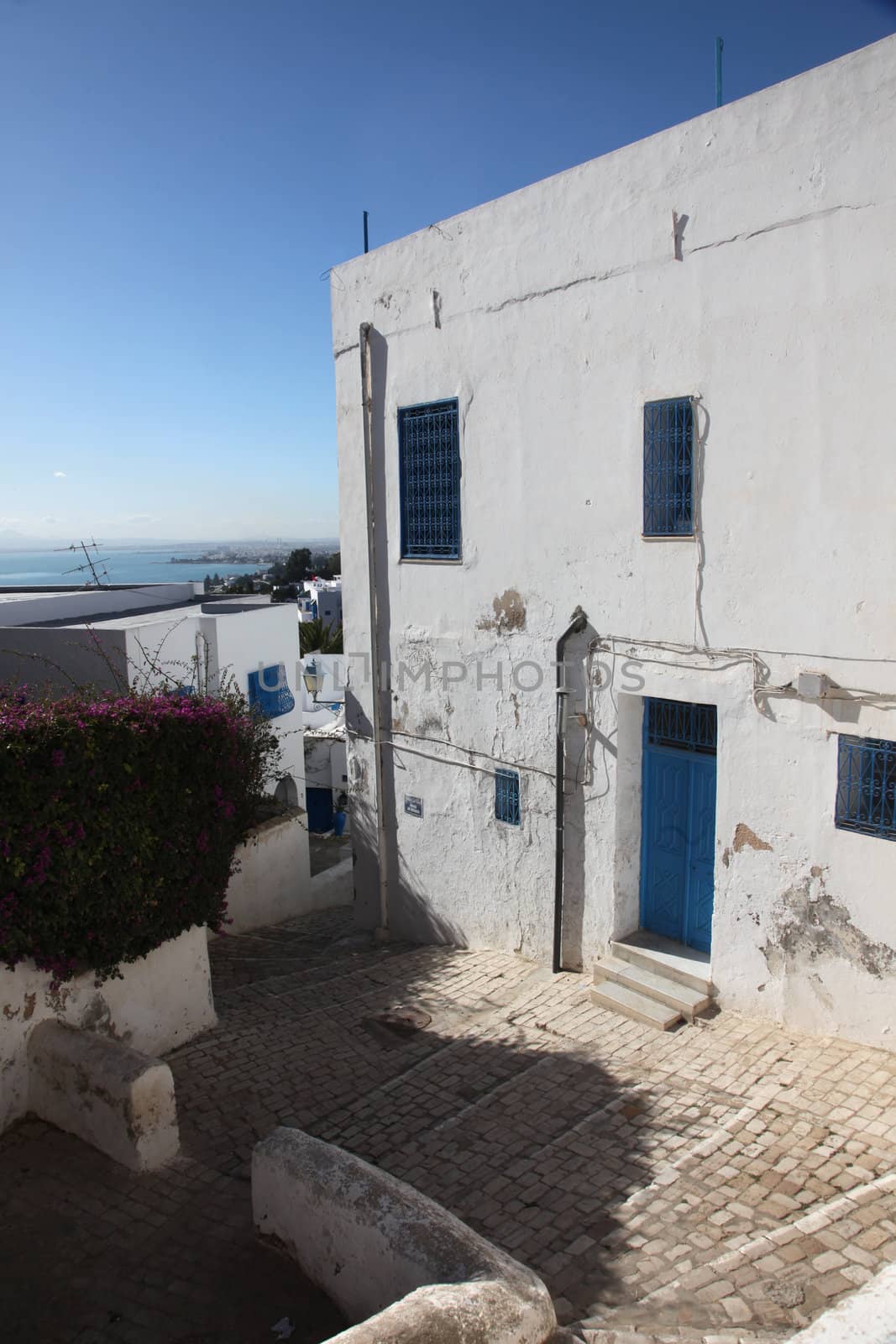 Sidi Bou Said - typical building with white walls, blue doors and windows