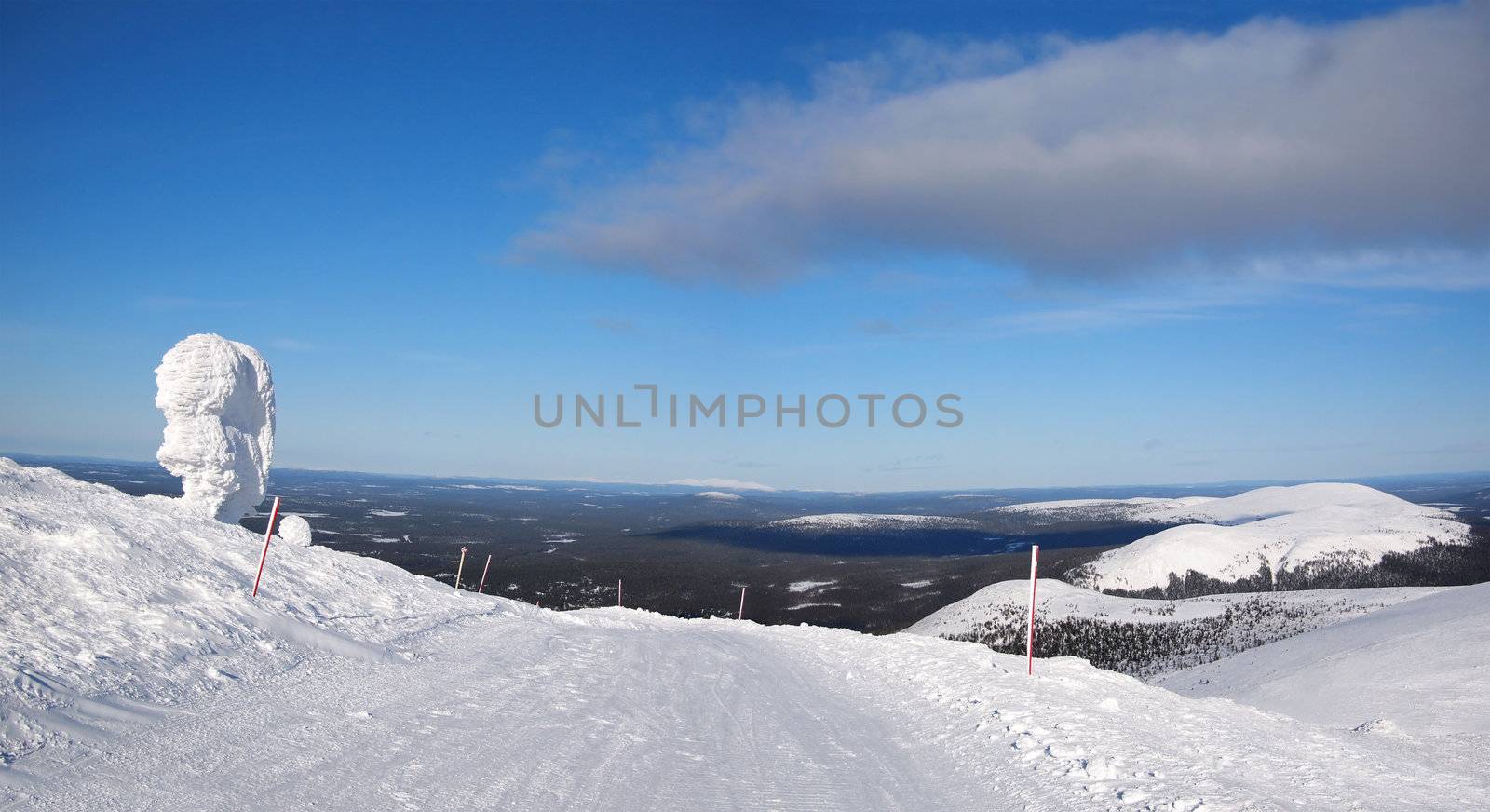Typical Lapland ski slope with view over the vast forest landscape in the Finnish ski area of Yllas in Lapland, Finland.