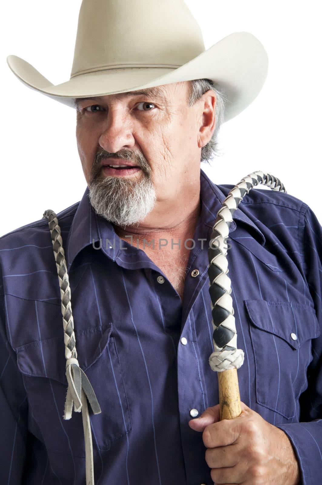 Cowboy holding a bullwhip around his shoulder. Isolated on white