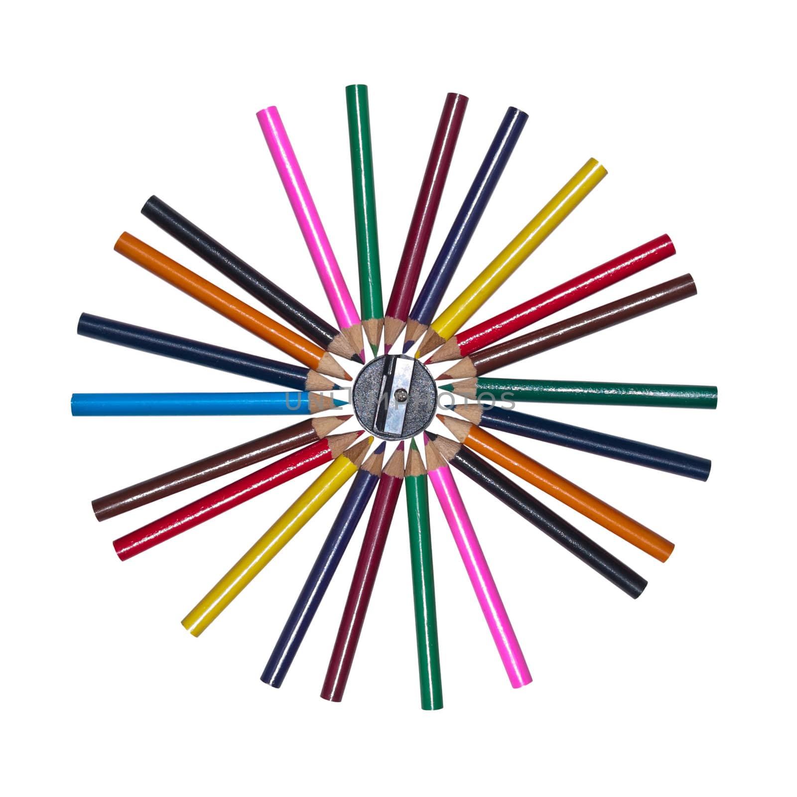 Circle of color pencils encircle the sharpener
