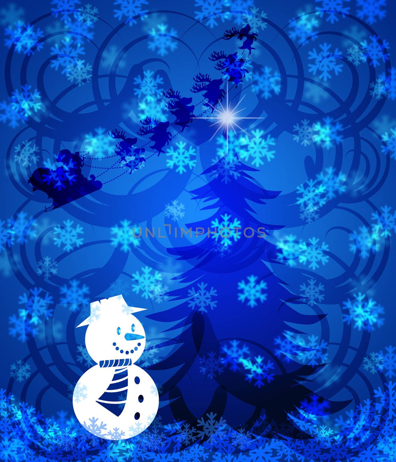 Abstract Christmas Tree Snowman on Blue Background with Snowflakes Illustration